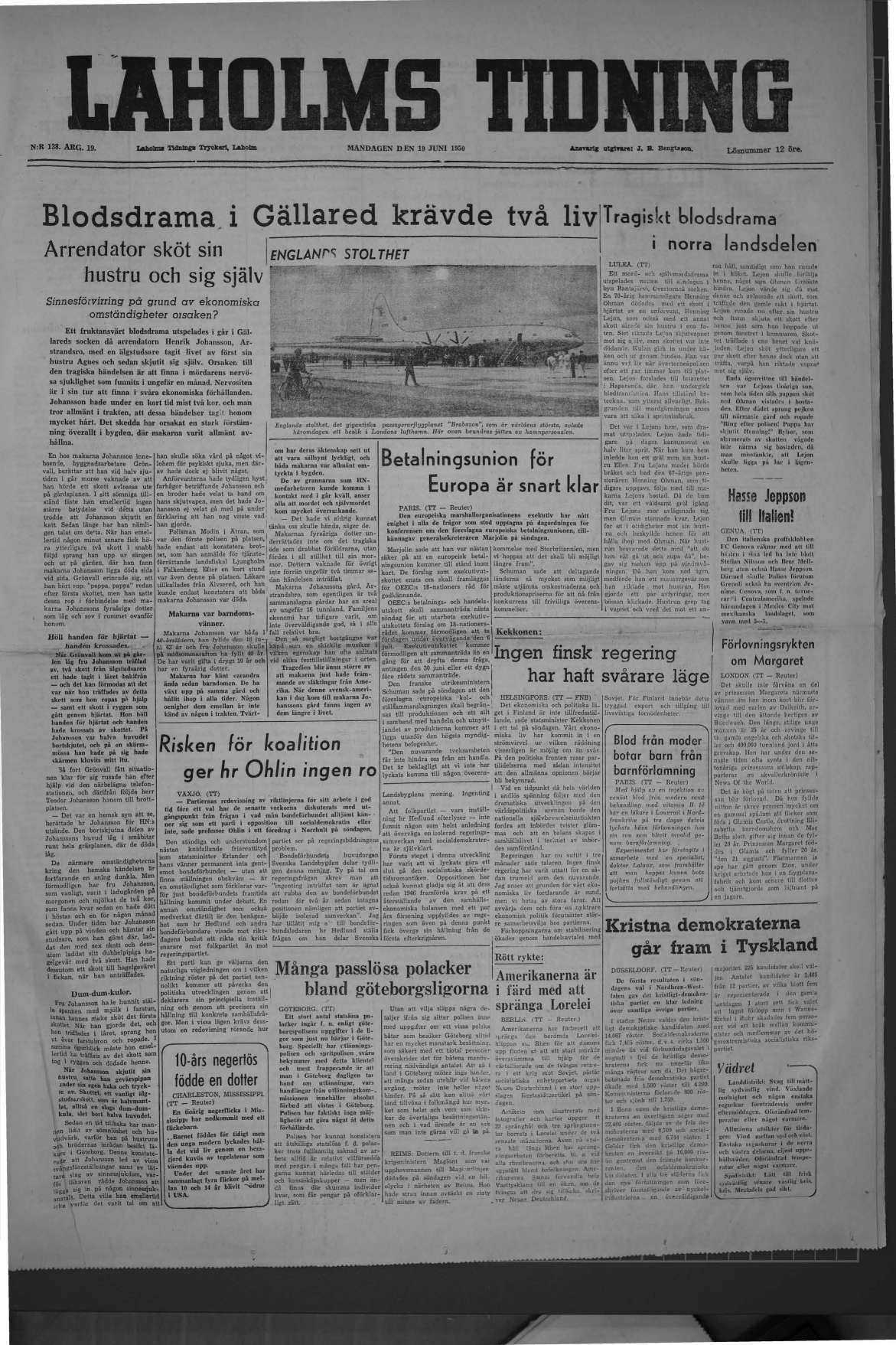 Laholms Tidning Måndag 19 juni 1950, sida 1