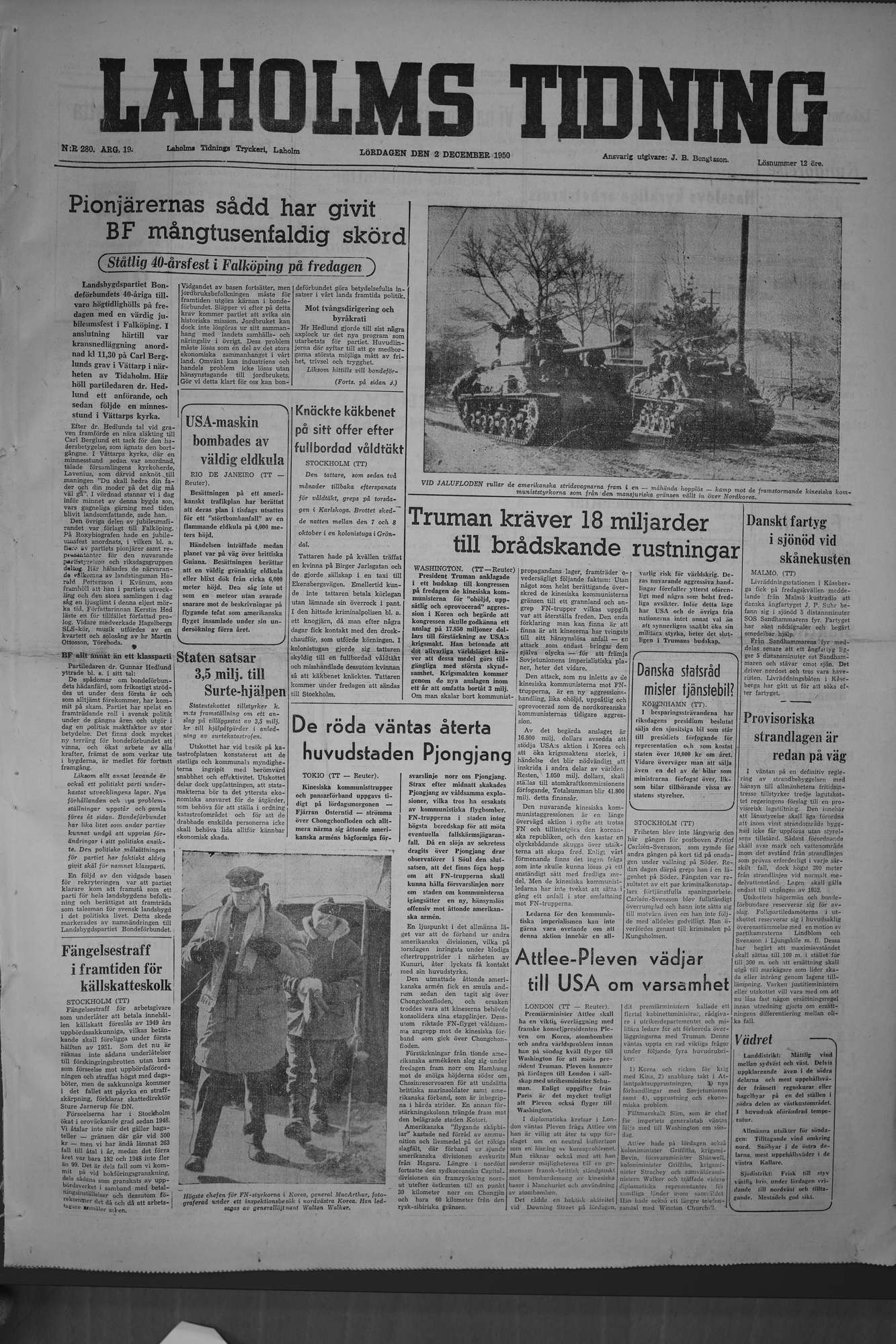 Laholms Tidning Lördag 2 december 1950, sida 1
