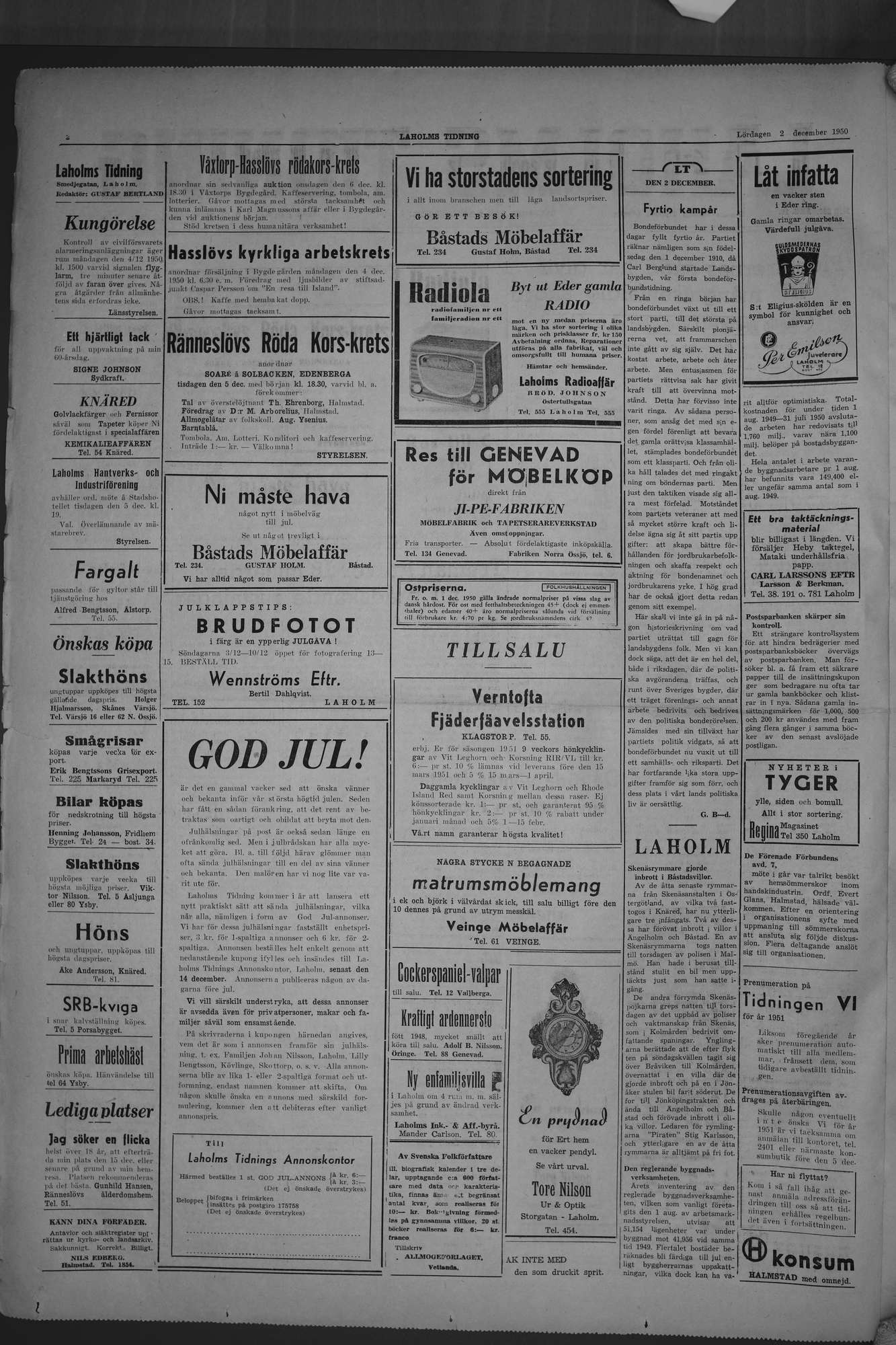 Laholms Tidning Lördag 2 december 1950, sida 2