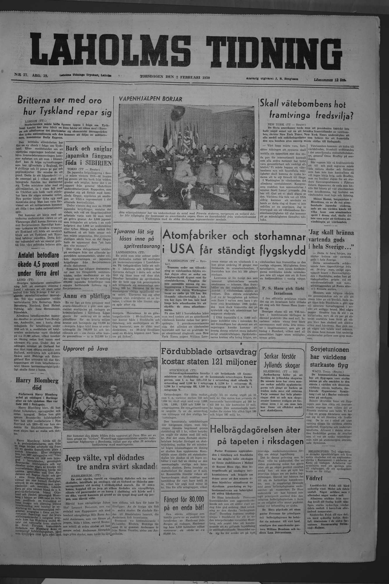 Laholms Tidning Torsdag 2 februari 1950, sida 1