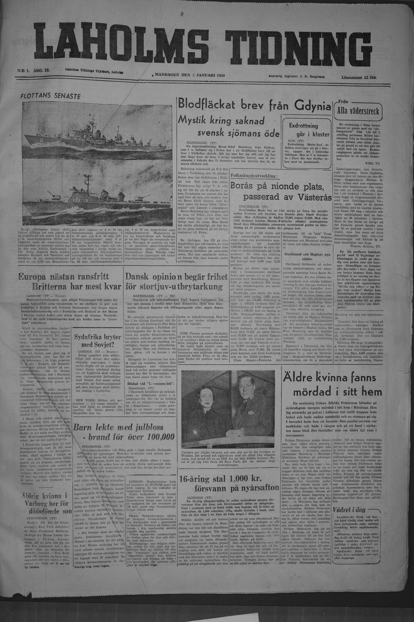 Laholms Tidning Måndag 2 januari 1950, sida 1