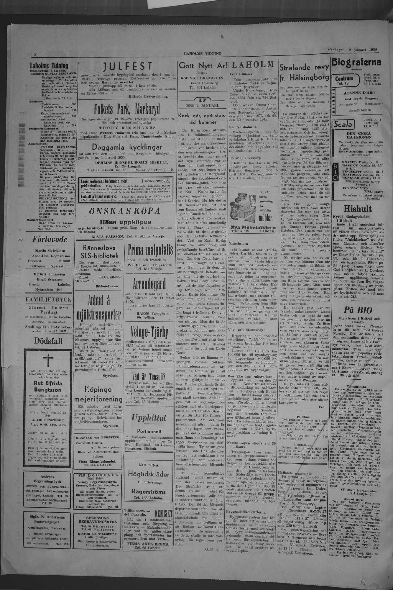 Laholms Tidning Måndag 2 januari 1950, sida 2