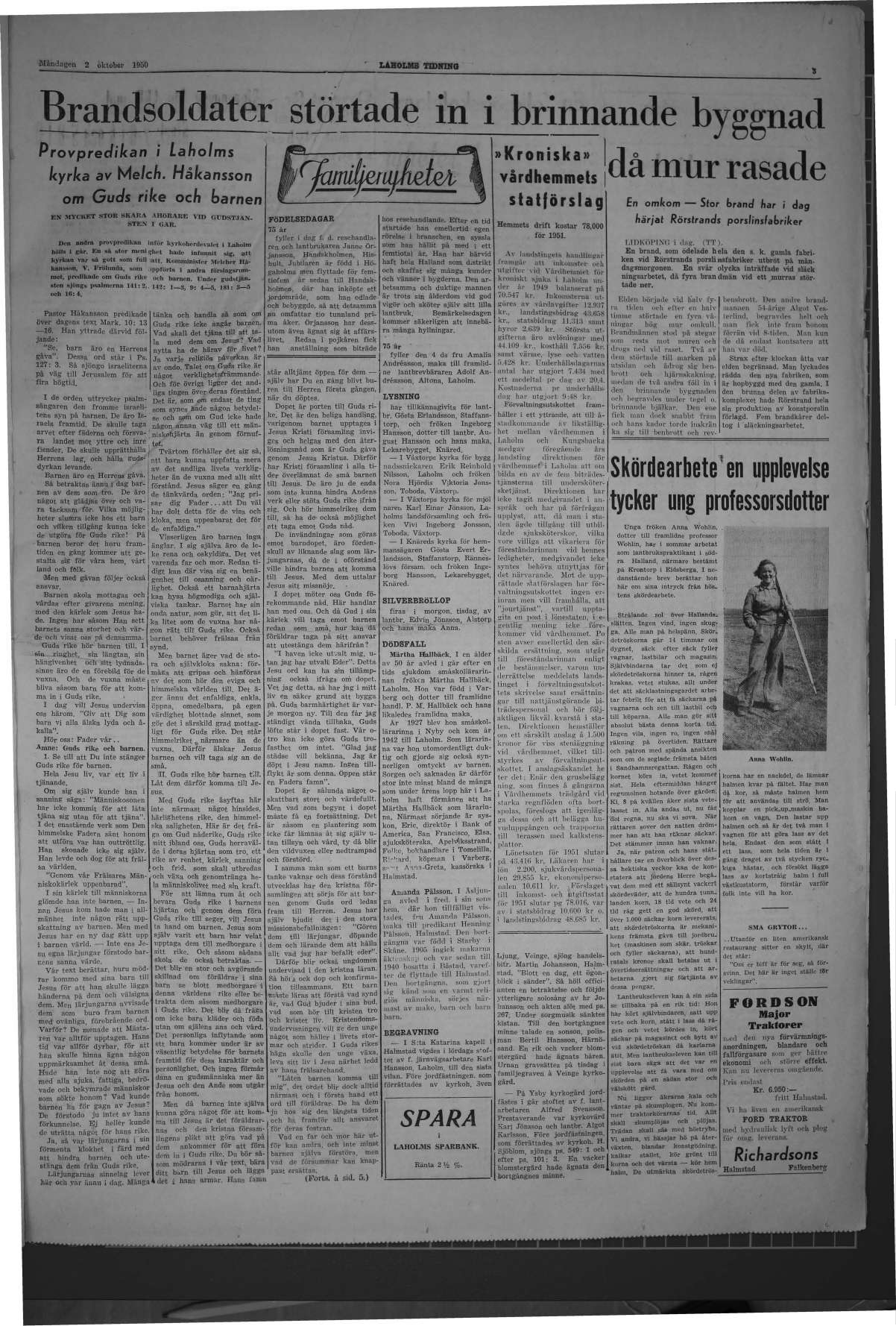 Laholms Tidning Måndag 2 oktober 1950, sida 3