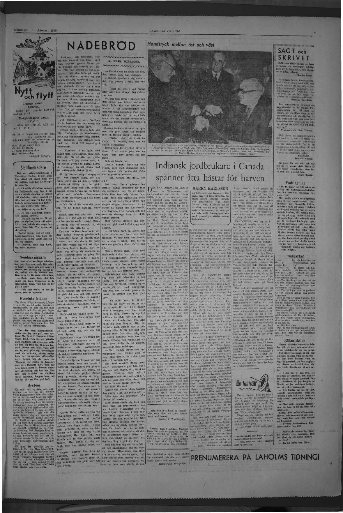Laholms Tidning Måndag 2 oktober 1950, sida 7