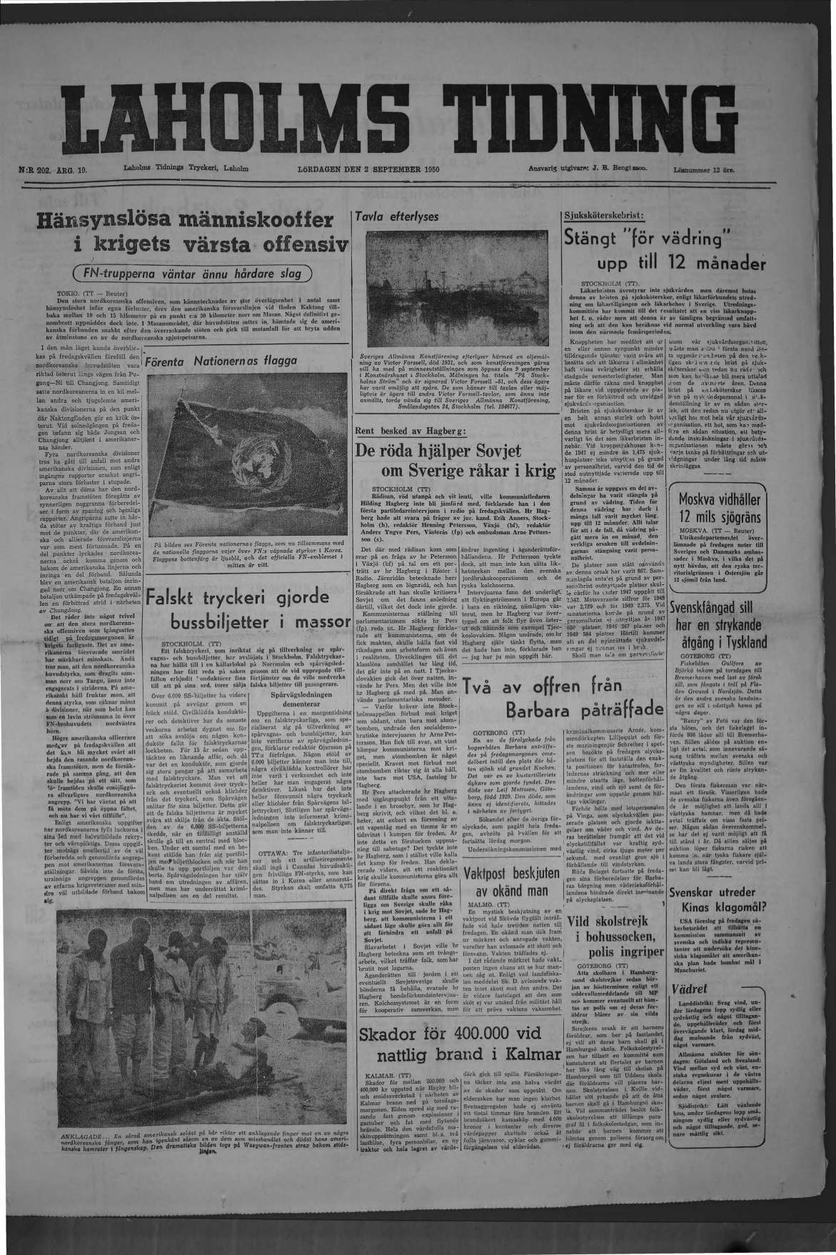 Laholms Tidning Lördag 2 september 1950, sida 1