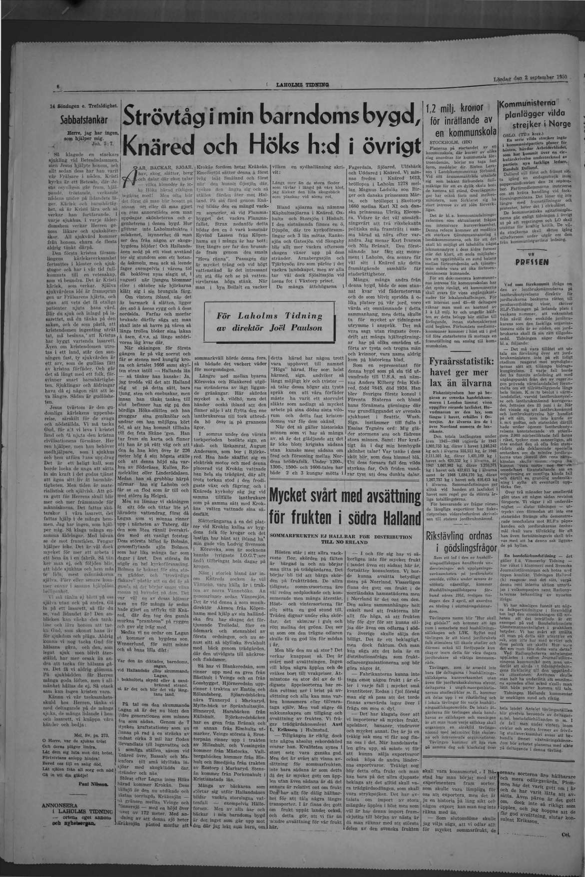 Laholms Tidning Lördag 2 september 1950, sida 6