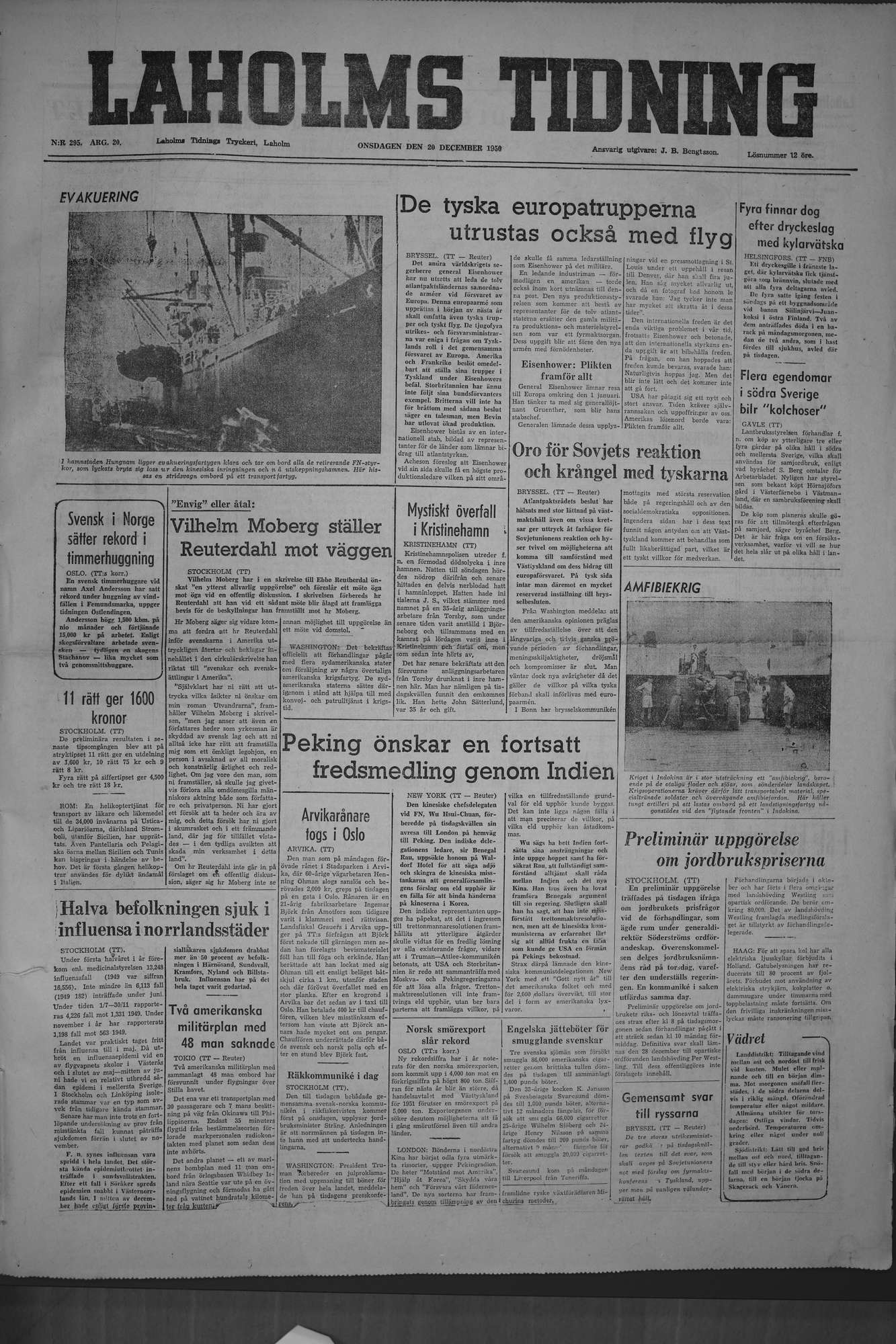 Laholms Tidning Onsdag 20 december 1950, sida 1