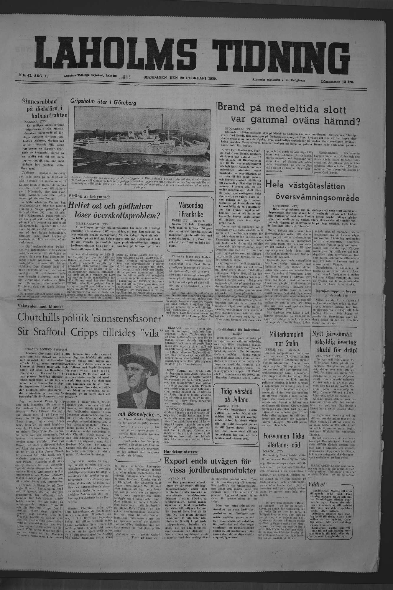 Laholms Tidning Måndag 20 februari 1950, sida 1