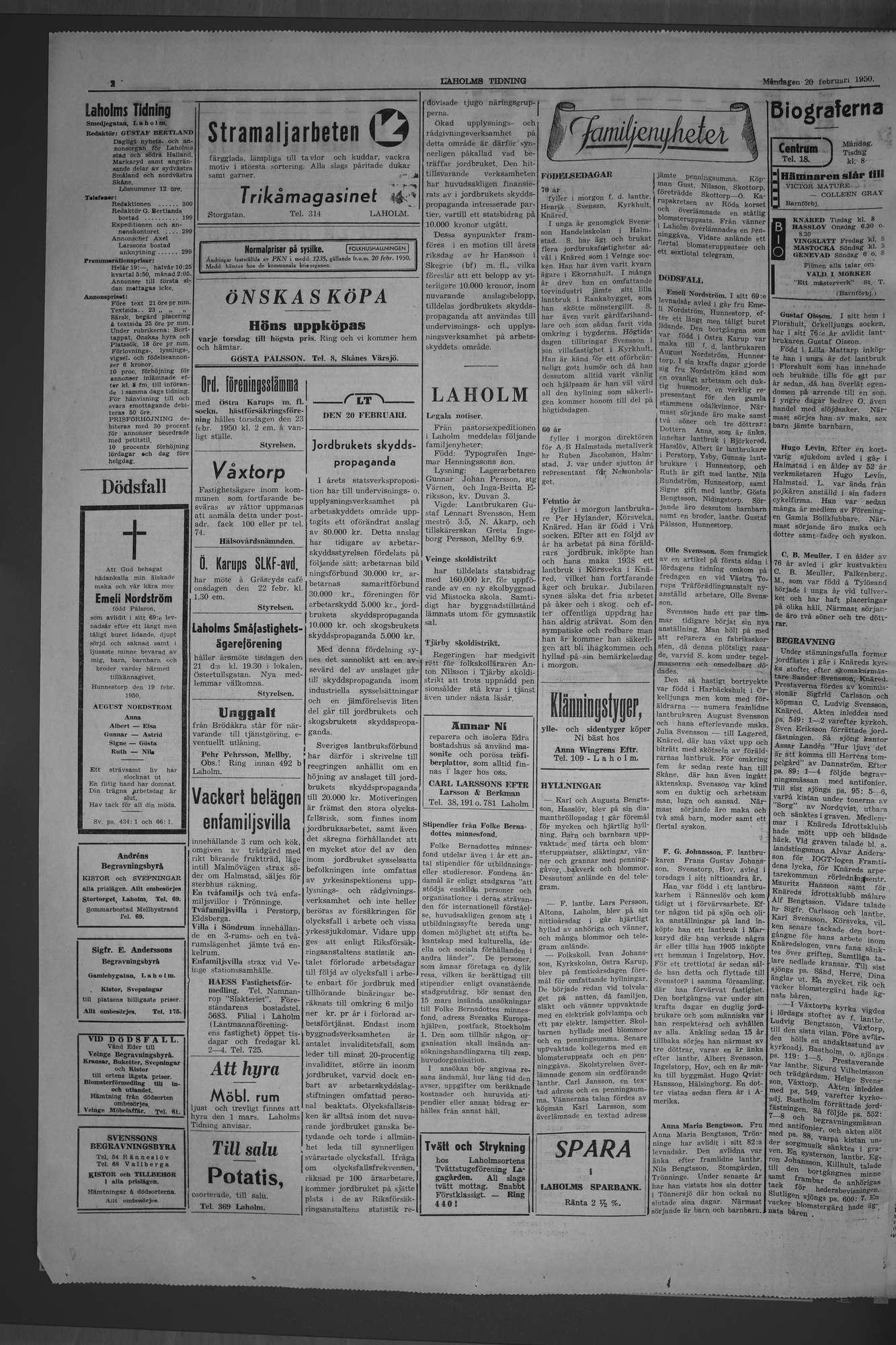 Laholms Tidning Måndag 20 februari 1950, sida 2