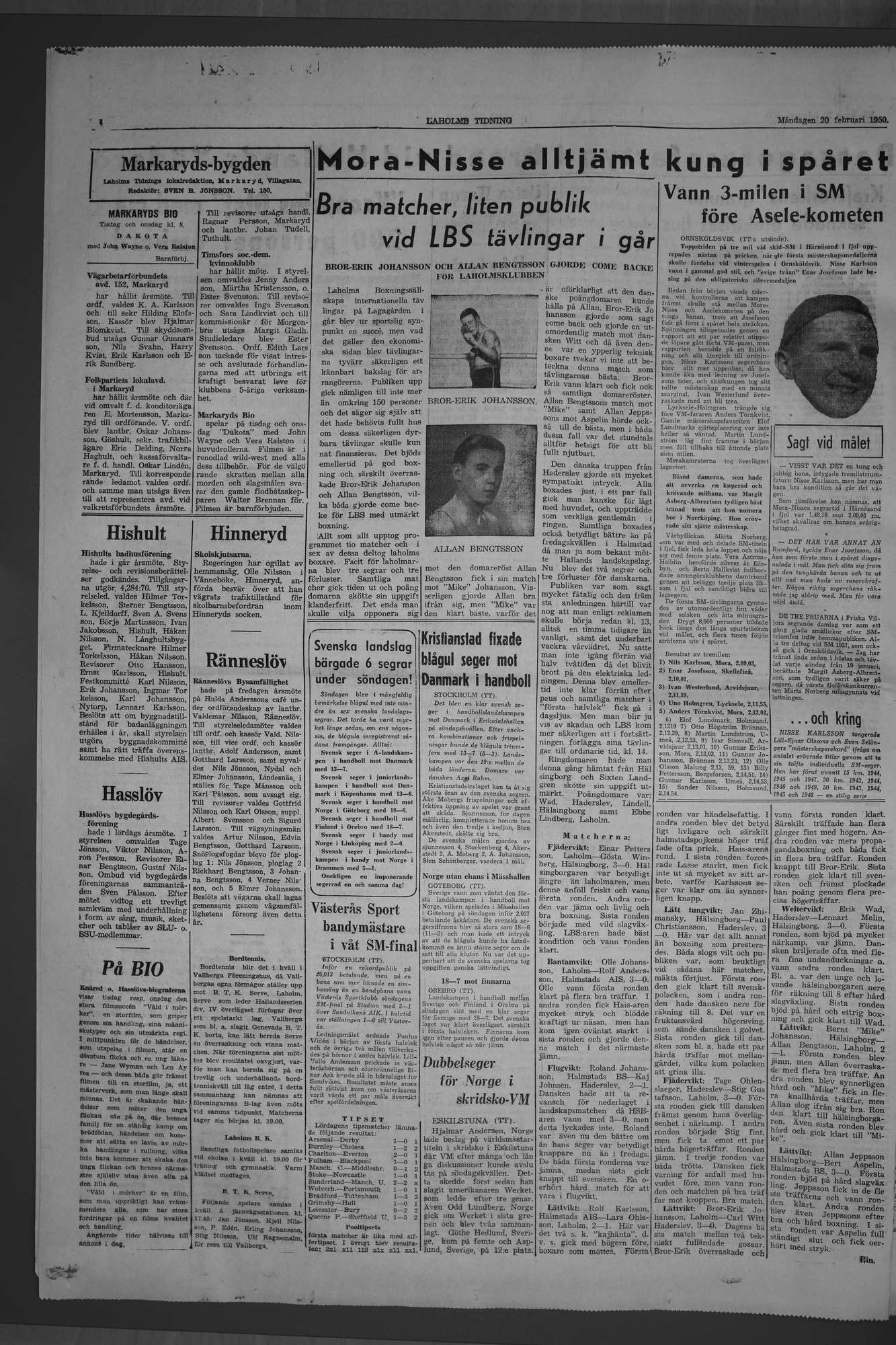 Laholms Tidning Måndag 20 februari 1950, sida 4