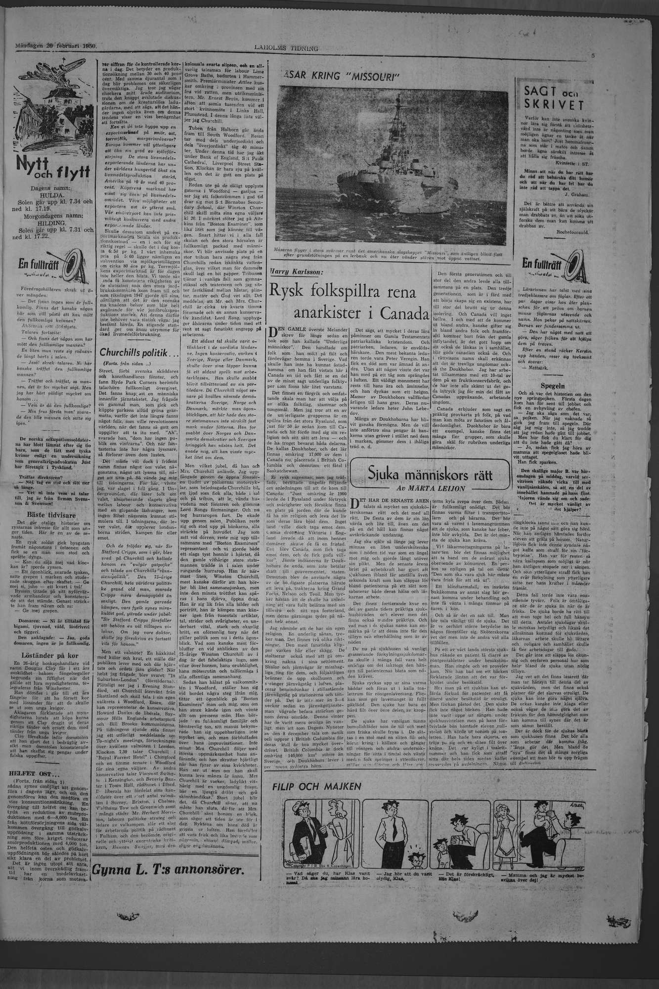 Laholms Tidning Måndag 20 februari 1950, sida 5