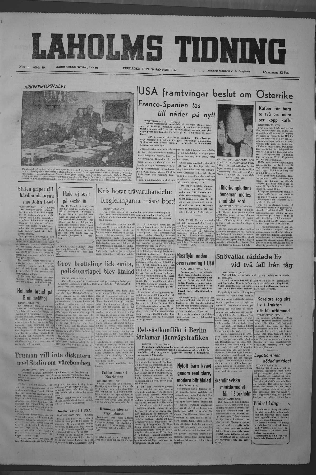 Laholms Tidning Fredag 20 januari 1950, sida 1