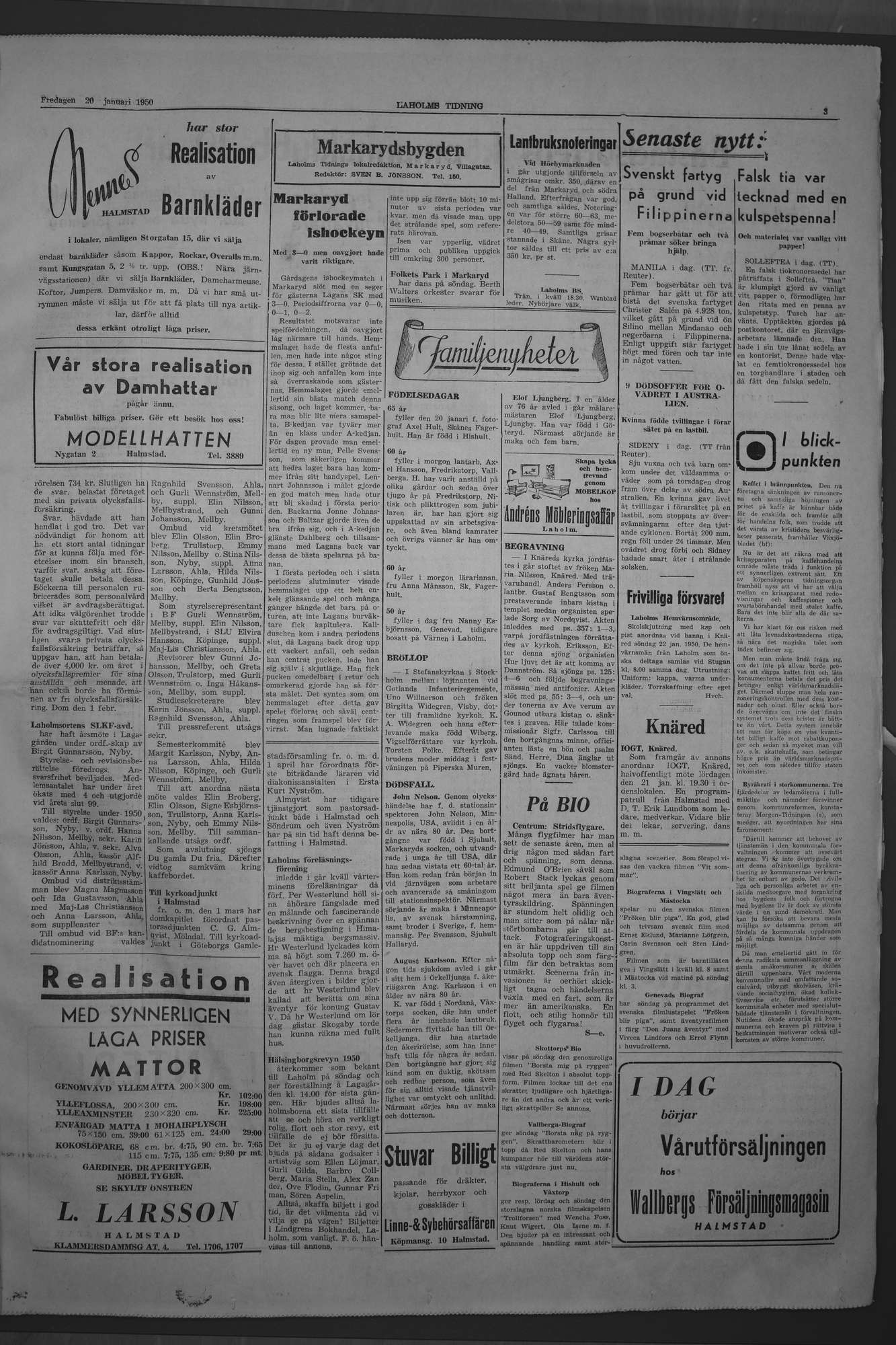 Laholms Tidning Fredag 20 januari 1950, sida 3