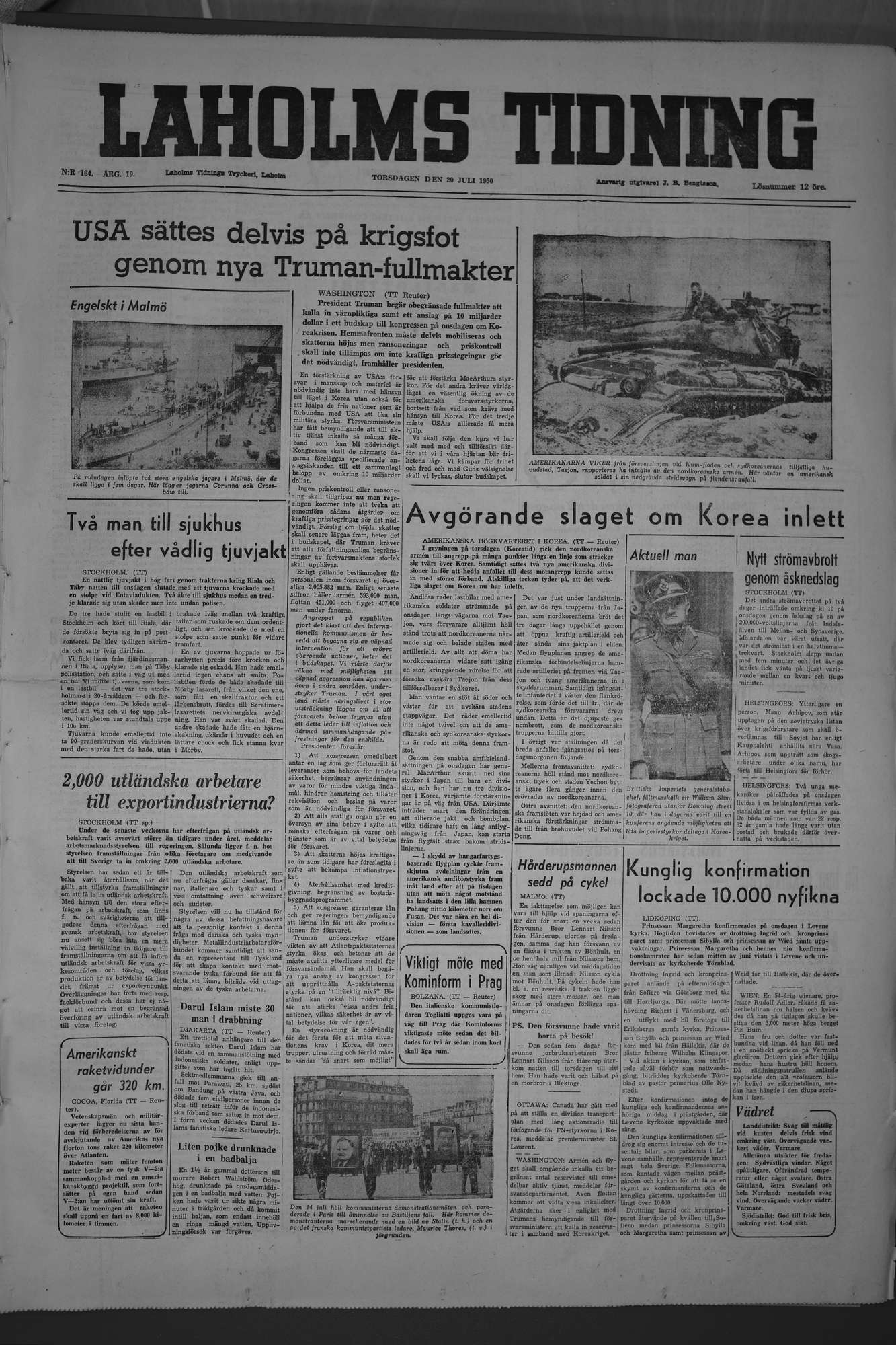 Laholms Tidning Torsdag 20 juli 1950, sida 1