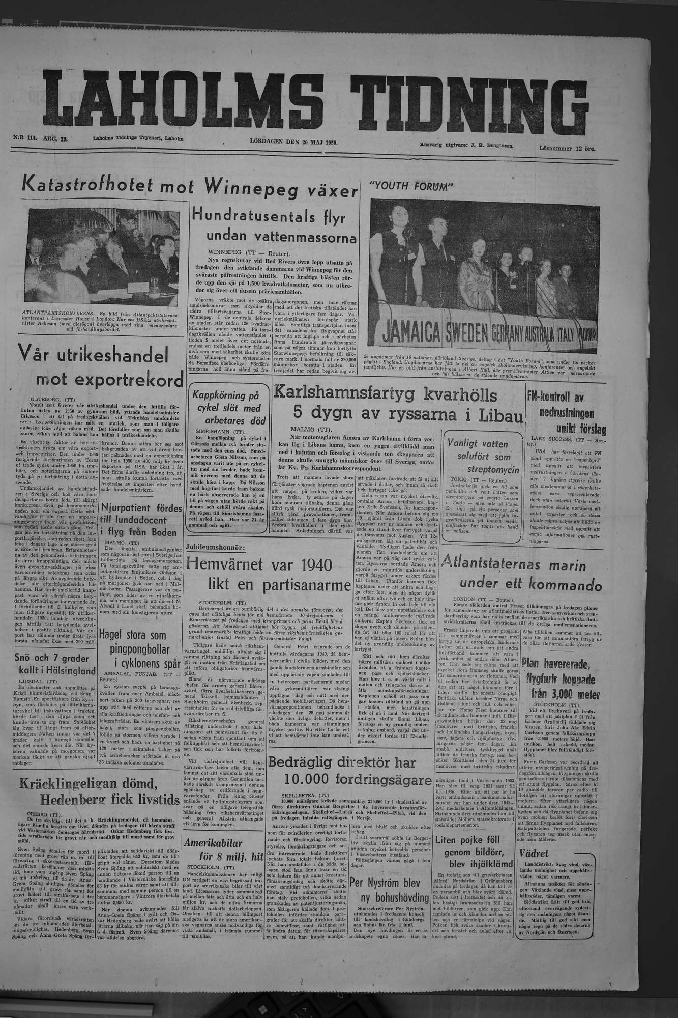 Laholms Tidning Lördag 20 maj 1950, sida 1