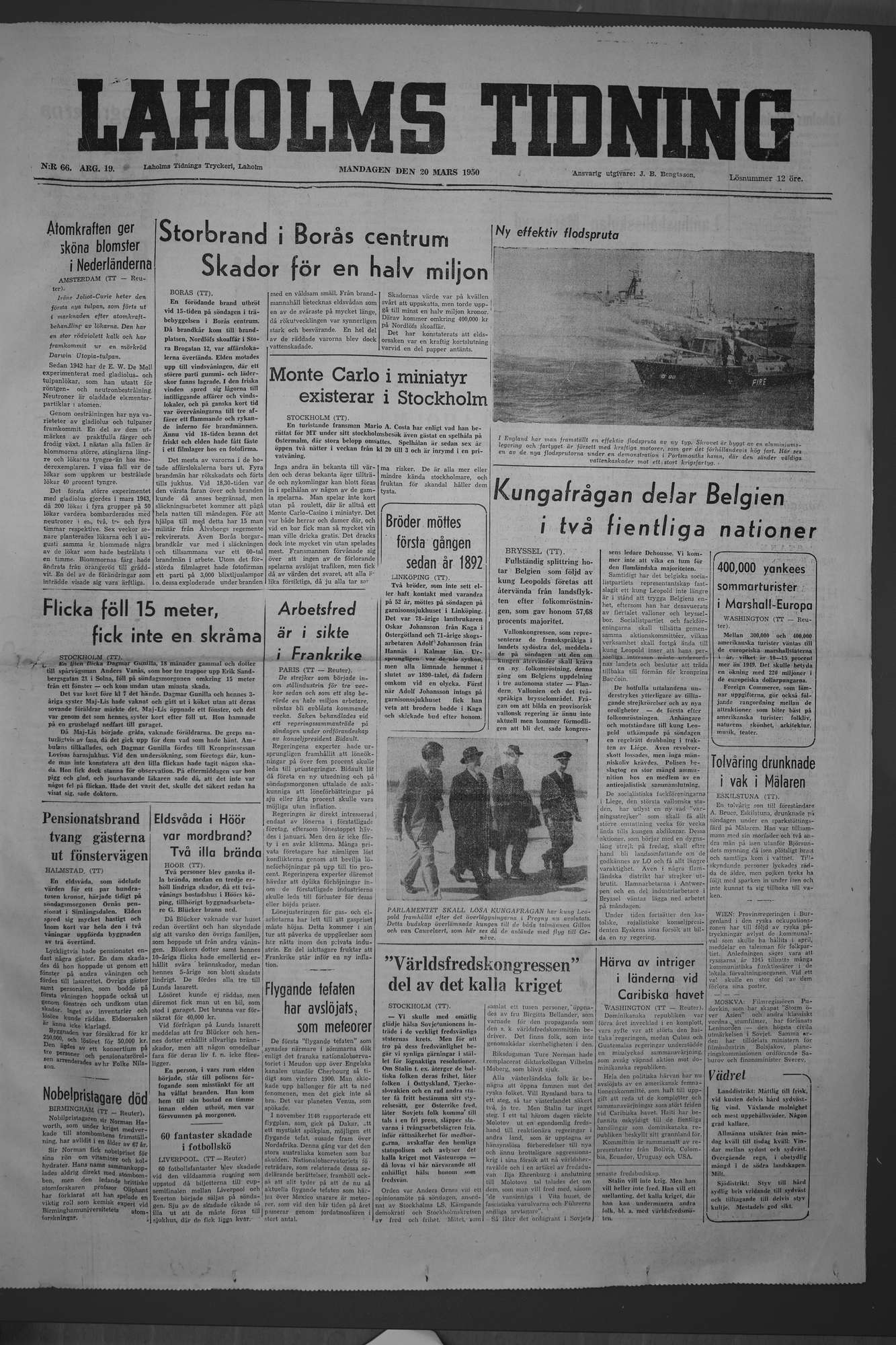 Laholms Tidning Måndag 20 mars 1950, sida 1