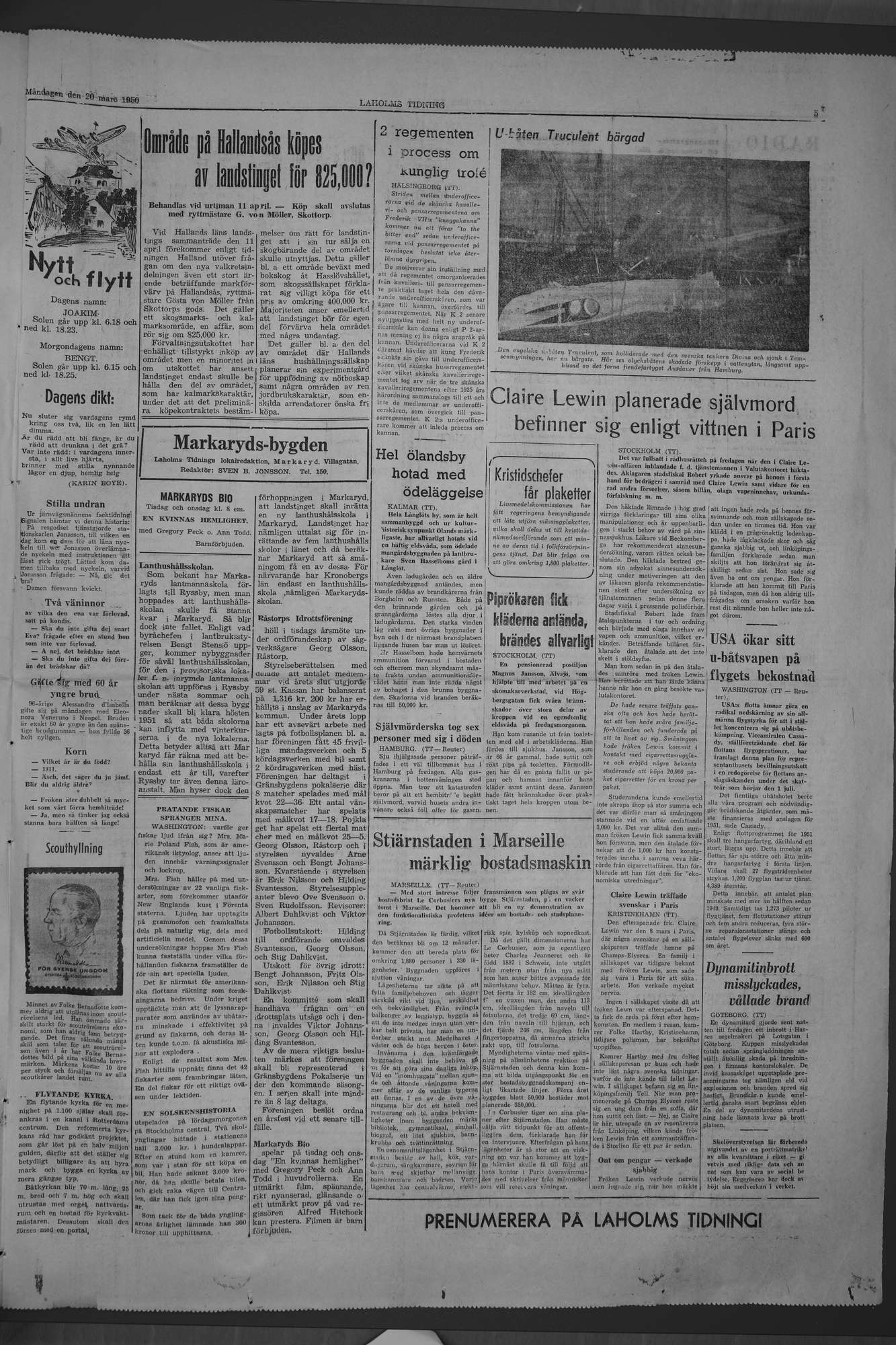 Laholms Tidning Måndag 20 mars 1950, sida 5