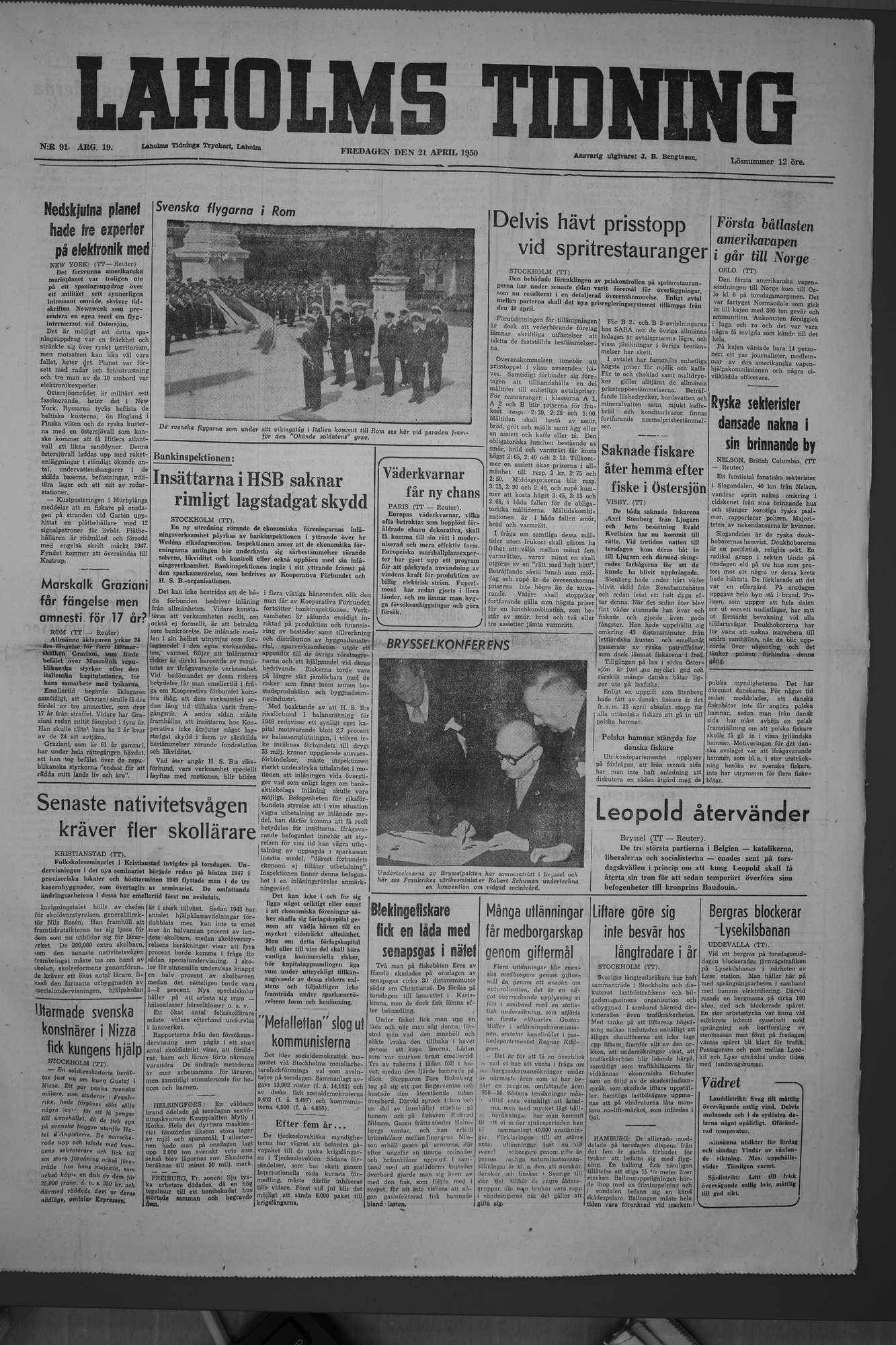 Laholms Tidning Fredag 21 april 1950, sida 1