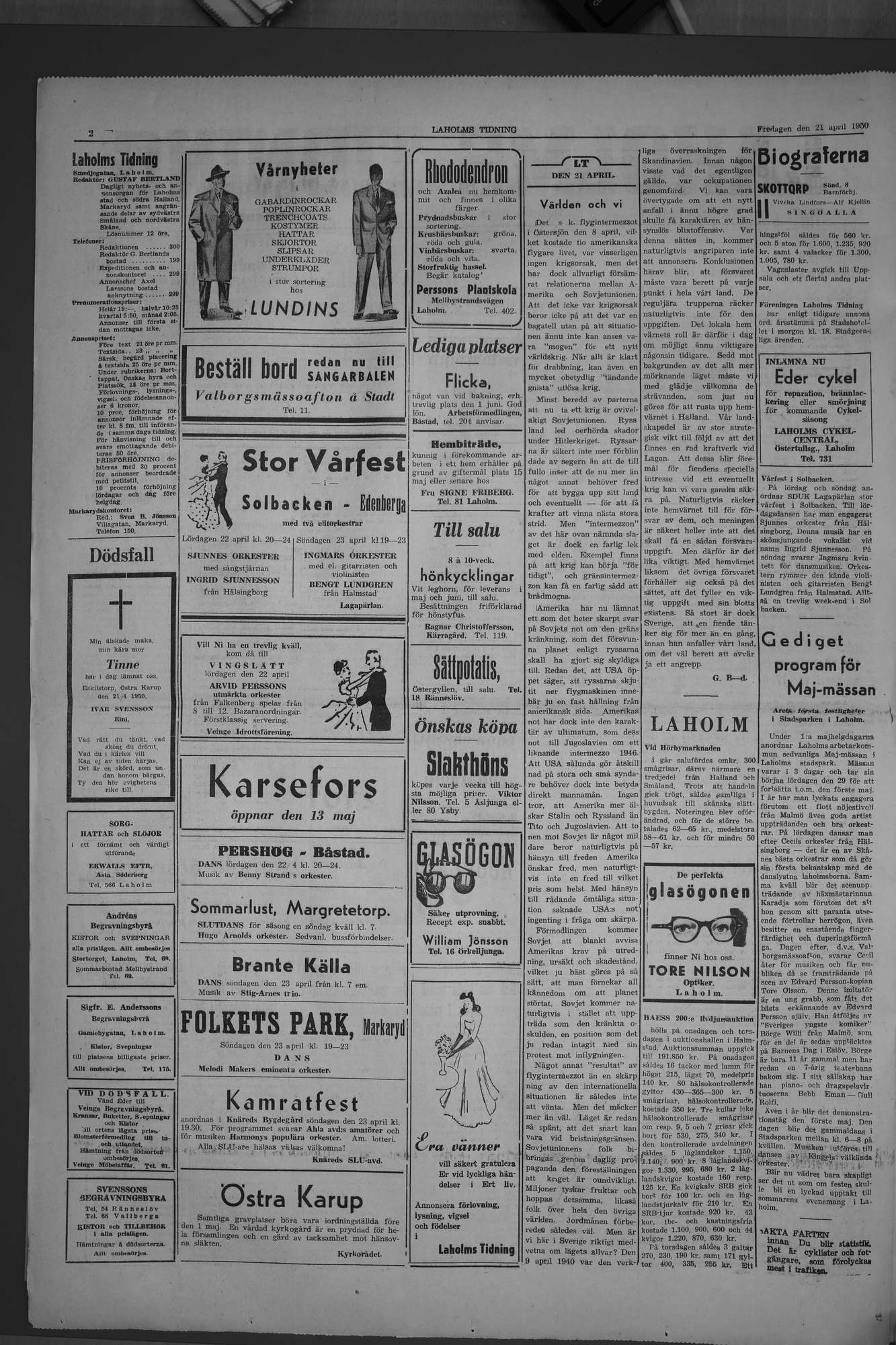 Laholms Tidning Fredag 21 april 1950, sida 2