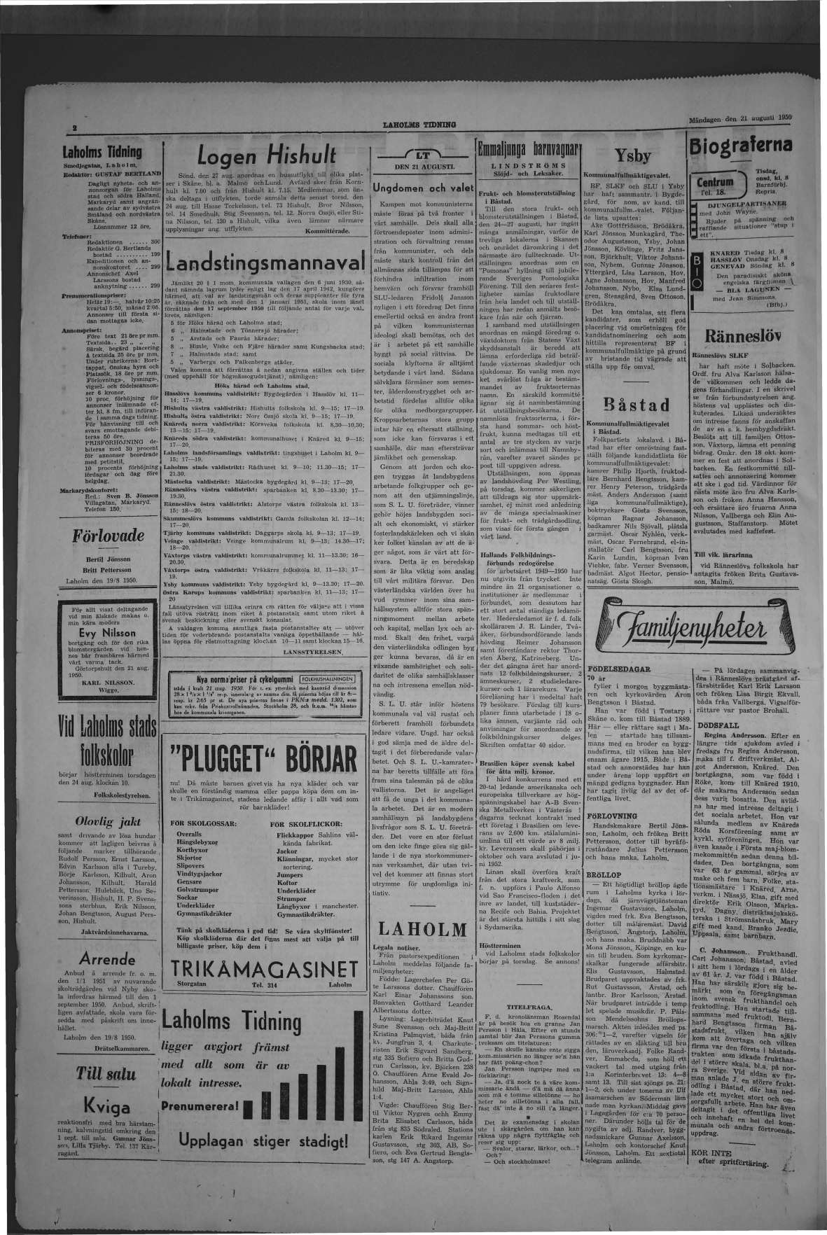 Laholms Tidning Måndag 21 augusti 1950, sida 2