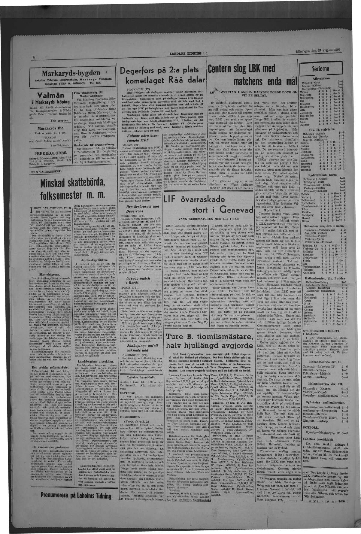 Laholms Tidning Måndag 21 augusti 1950, sida 4