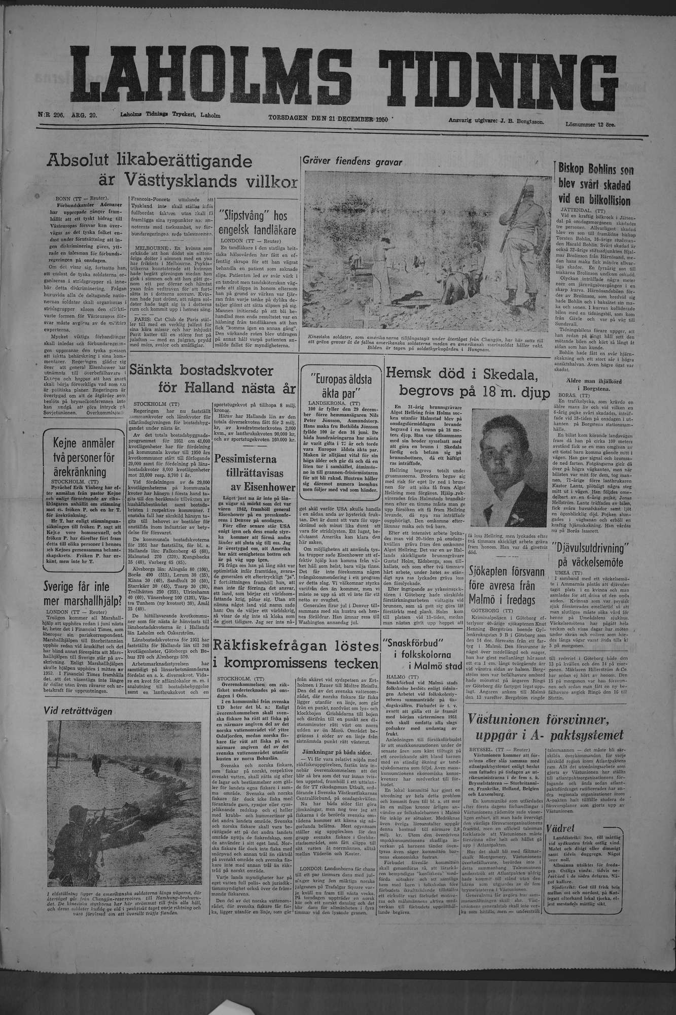 Laholms Tidning Torsdag 21 december 1950, sida 1