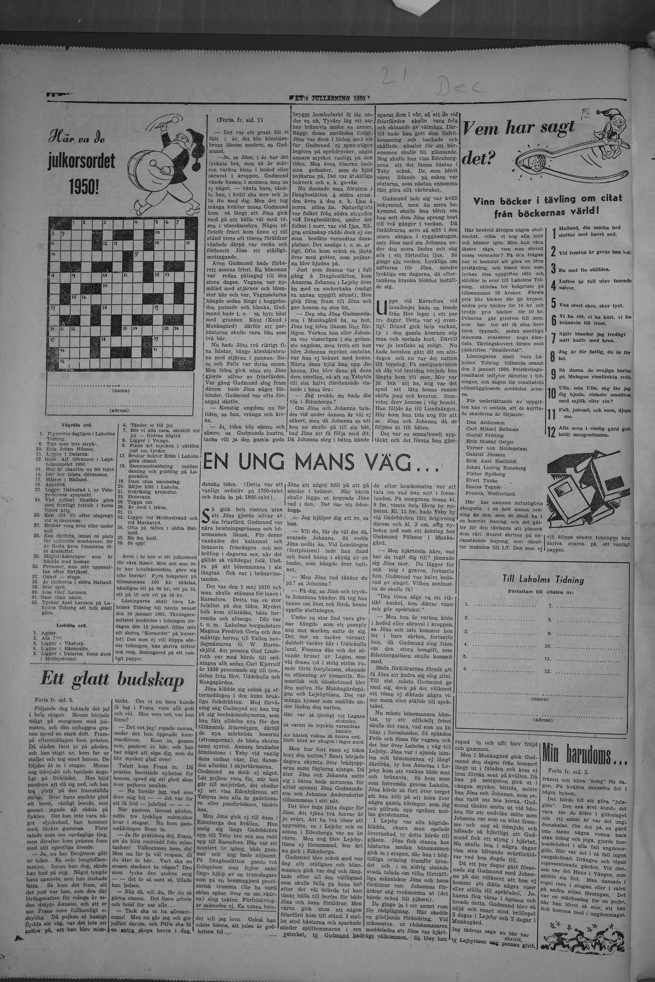 Laholms Tidning Torsdag 21 december 1950, sida 16