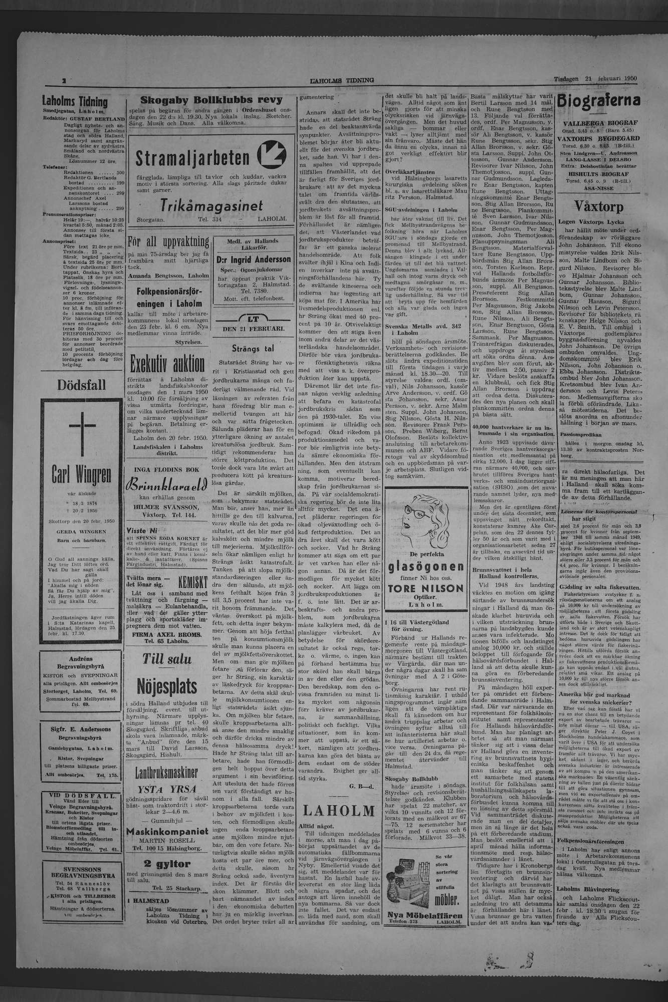 Laholms Tidning Tisdag 21 februari 1950, sida 2