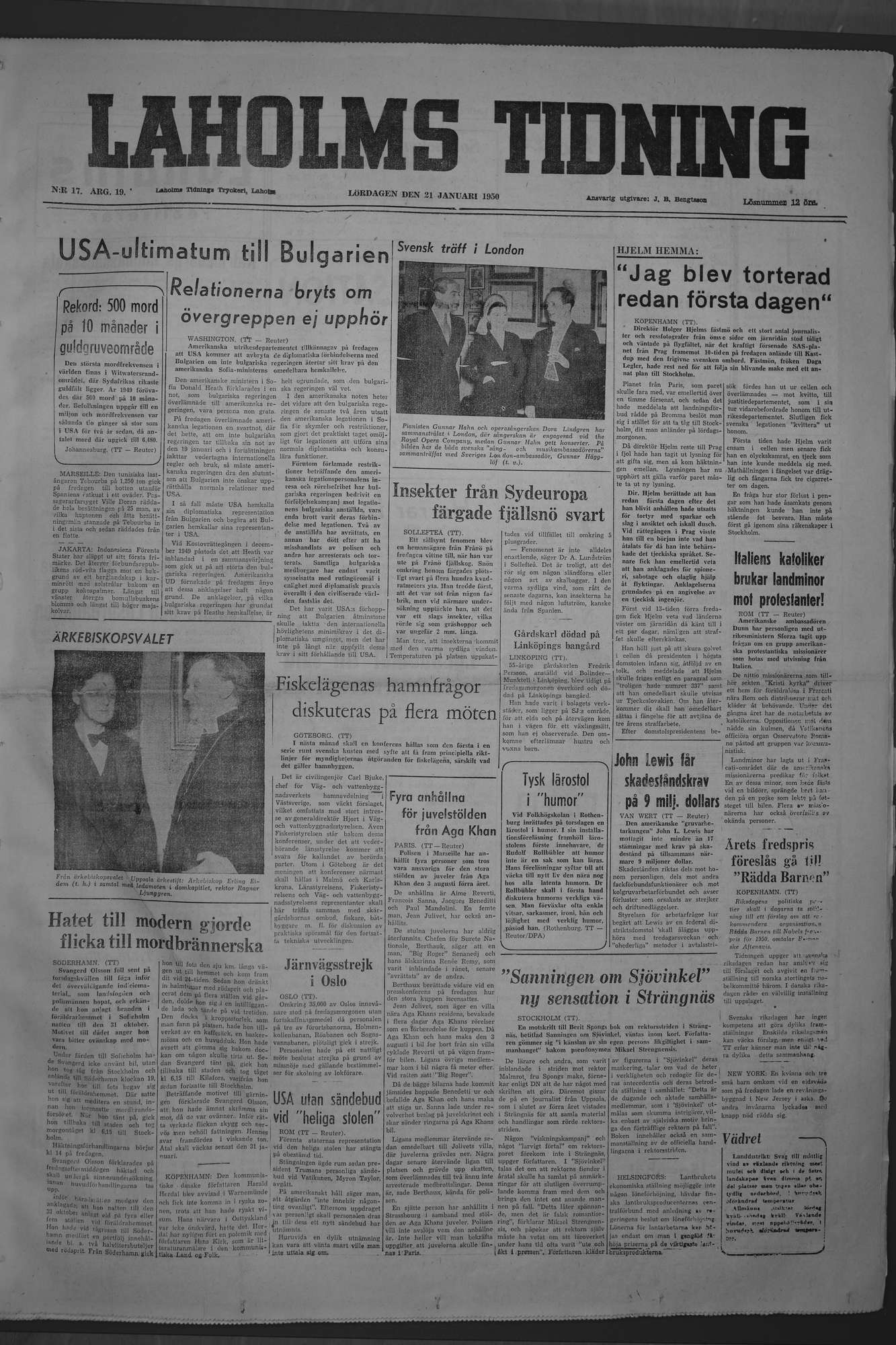 Laholms Tidning Lördag 21 januari 1950, sida 1