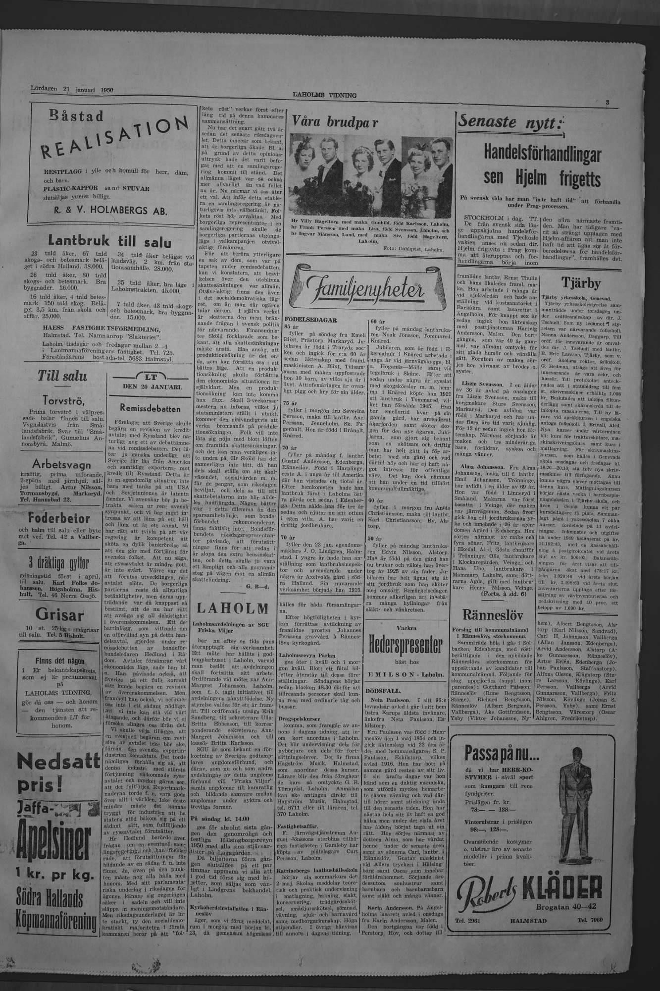 Laholms Tidning Lördag 21 januari 1950, sida 3