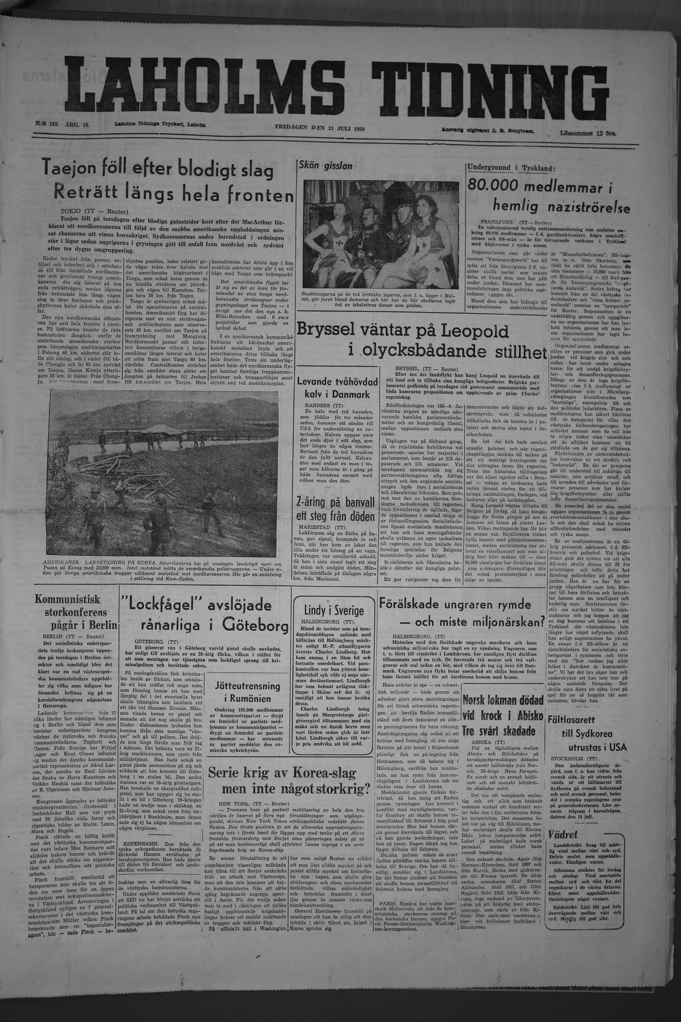 Laholms Tidning Fredag 21 juli 1950, sida 1