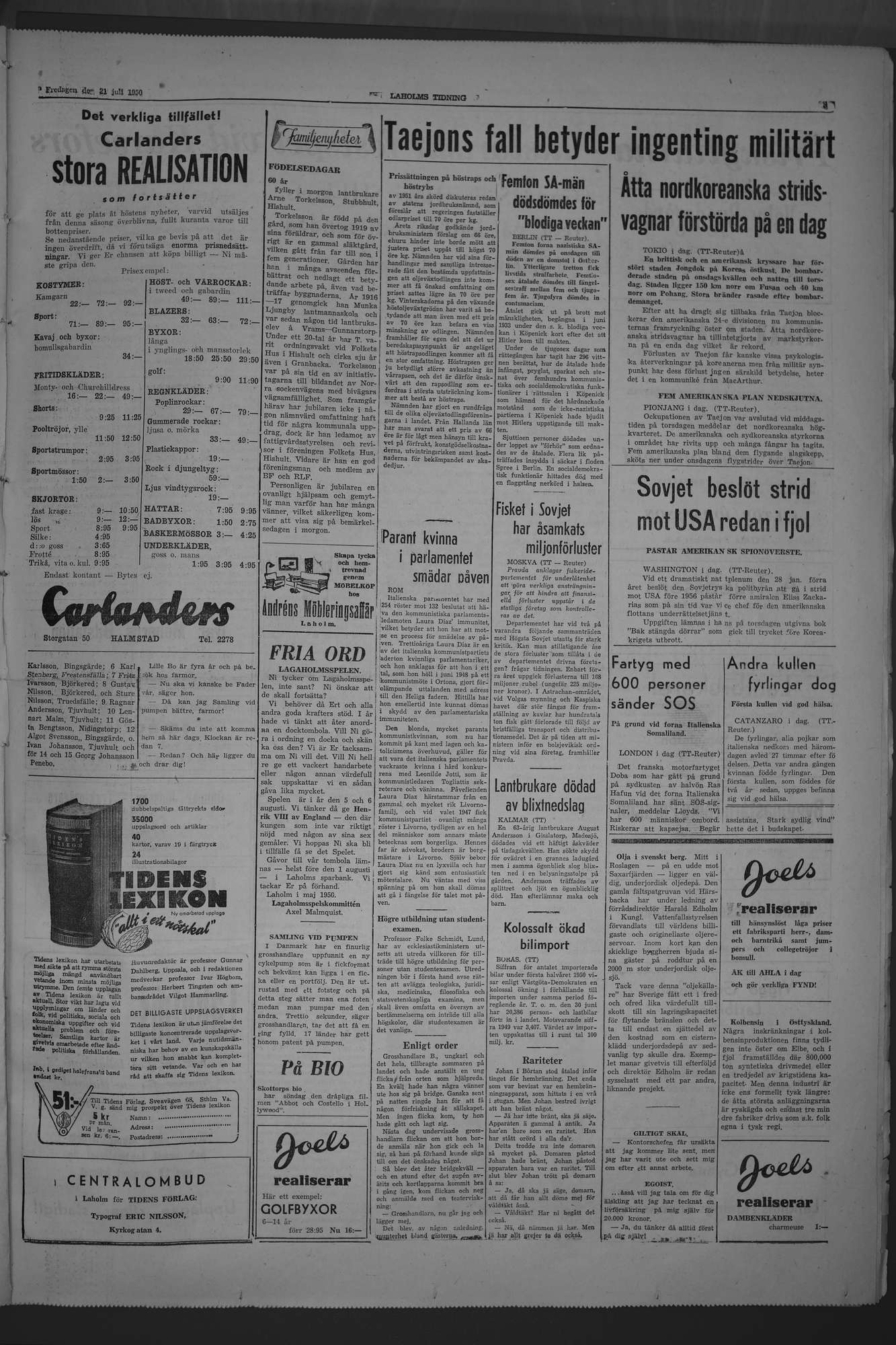 Laholms Tidning Fredag 21 juli 1950, sida 3
