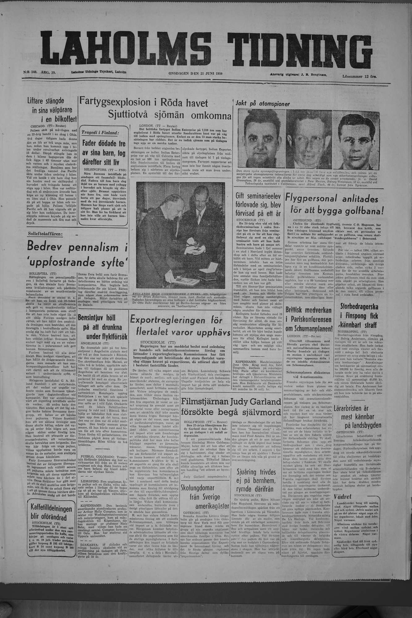Laholms Tidning Onsdag 21 juni 1950, sida 1