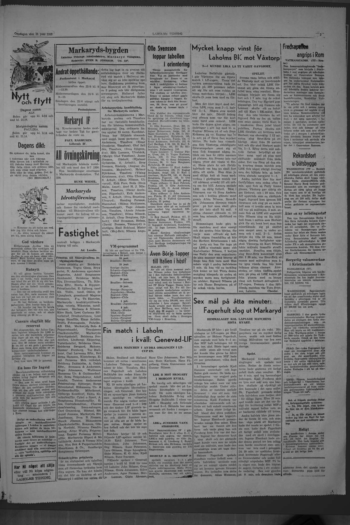 Laholms Tidning Onsdag 21 juni 1950, sida 5