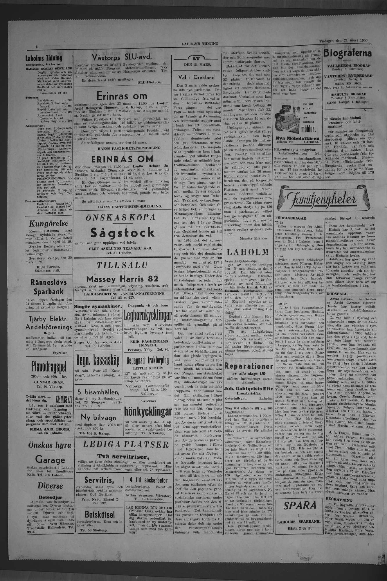 Laholms Tidning Tisdag 21 mars 1950, sida 2