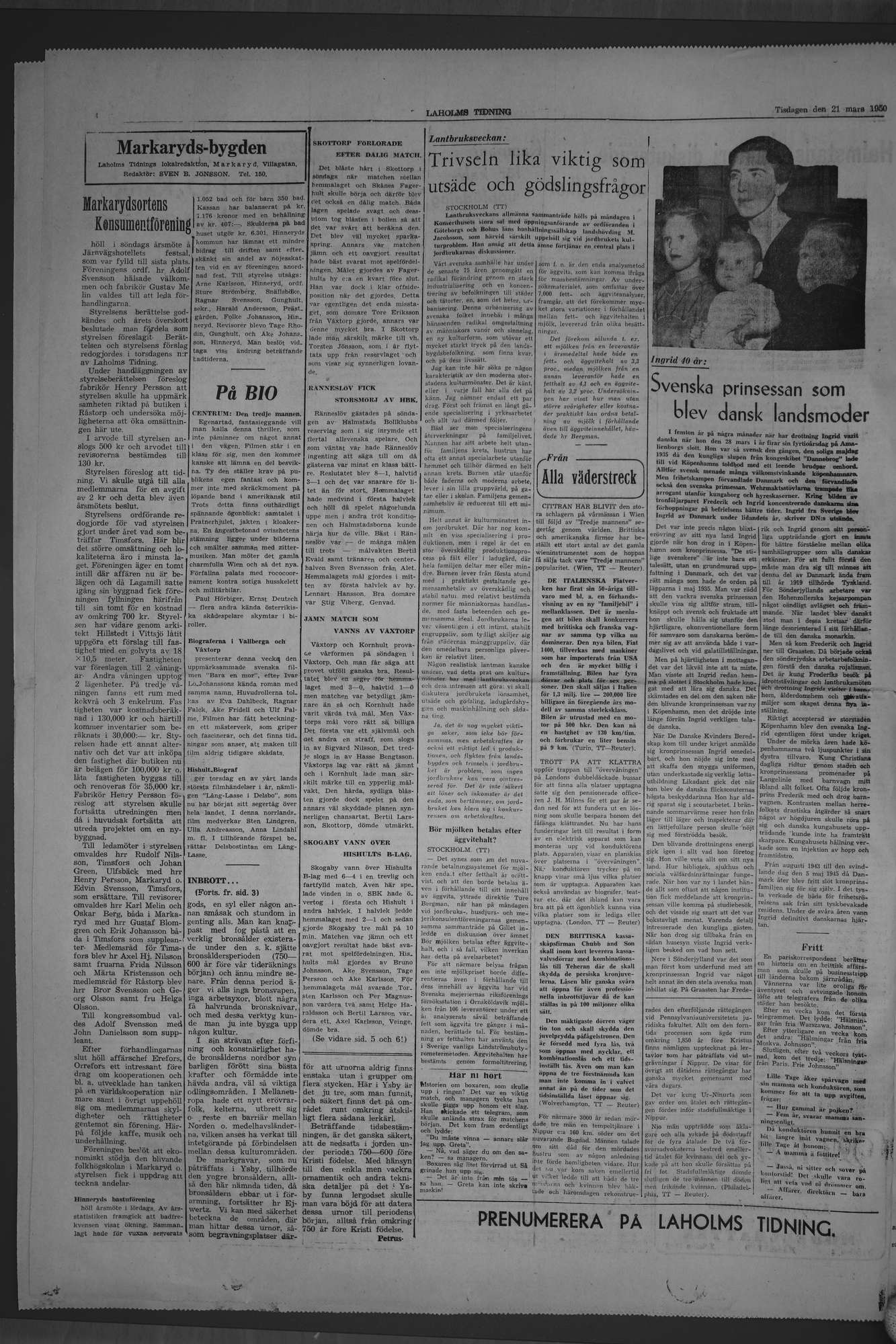 Laholms Tidning Tisdag 21 mars 1950, sida 4