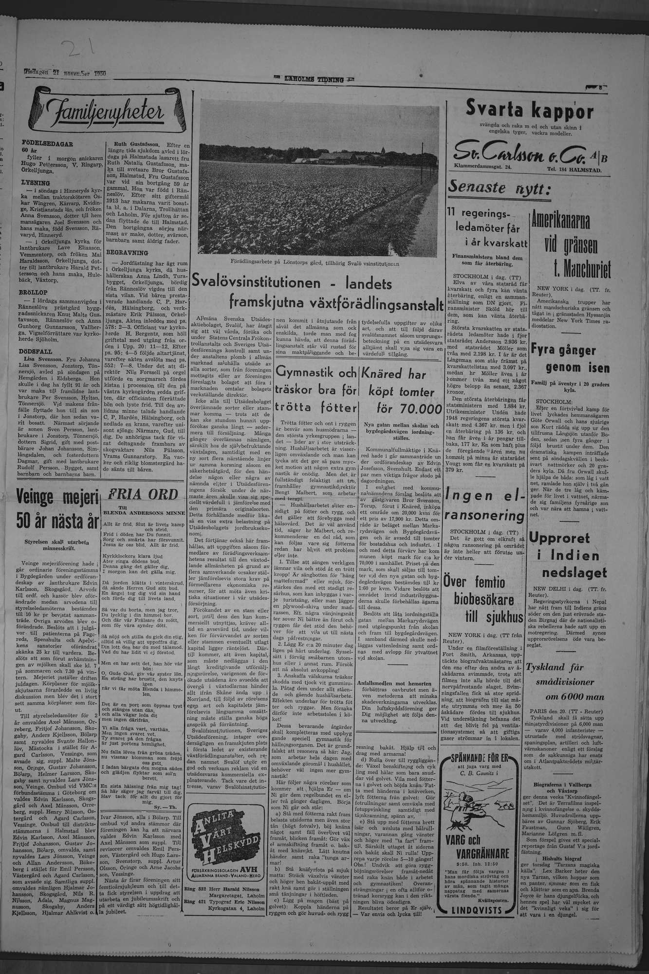Laholms Tidning Tisdag 21 november 1950, sida 3