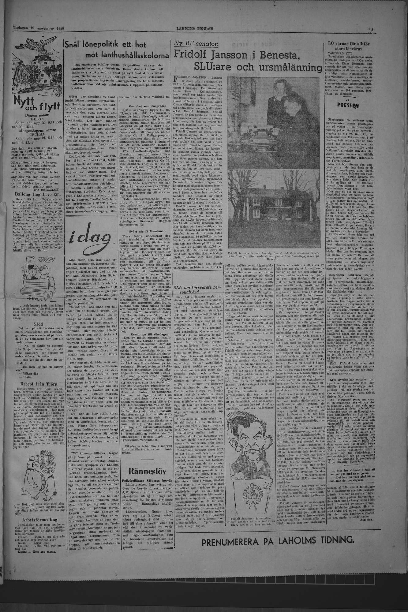 Laholms Tidning Tisdag 21 november 1950, sida 5