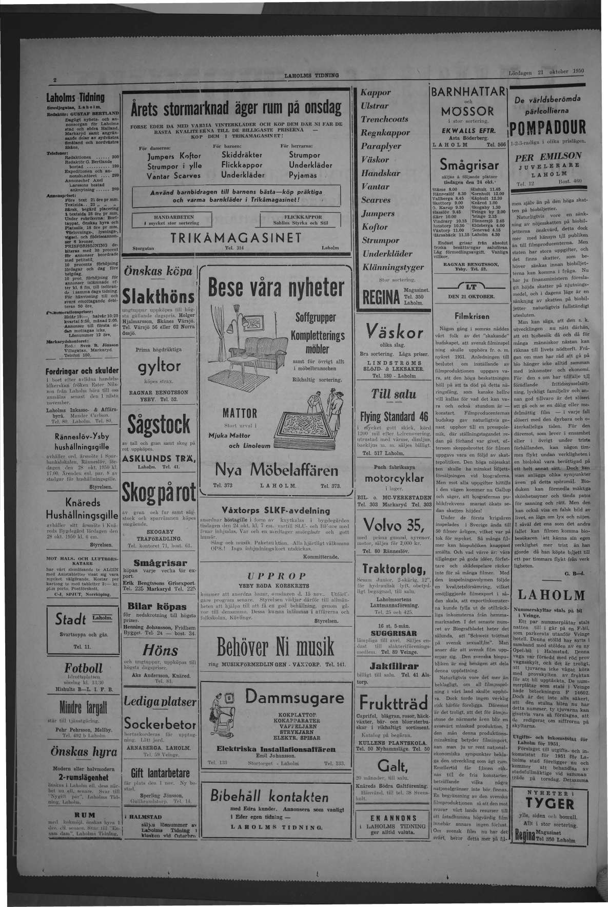 Laholms Tidning Lördag 21 oktober 1950, sida 2