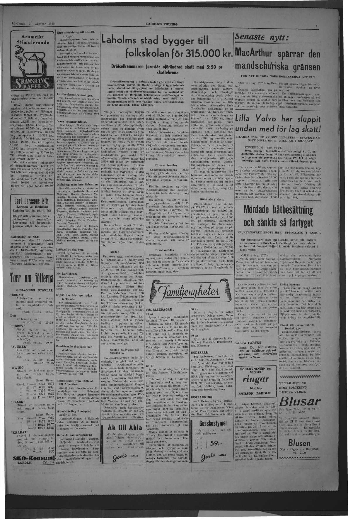 Laholms Tidning Lördag 21 oktober 1950, sida 3