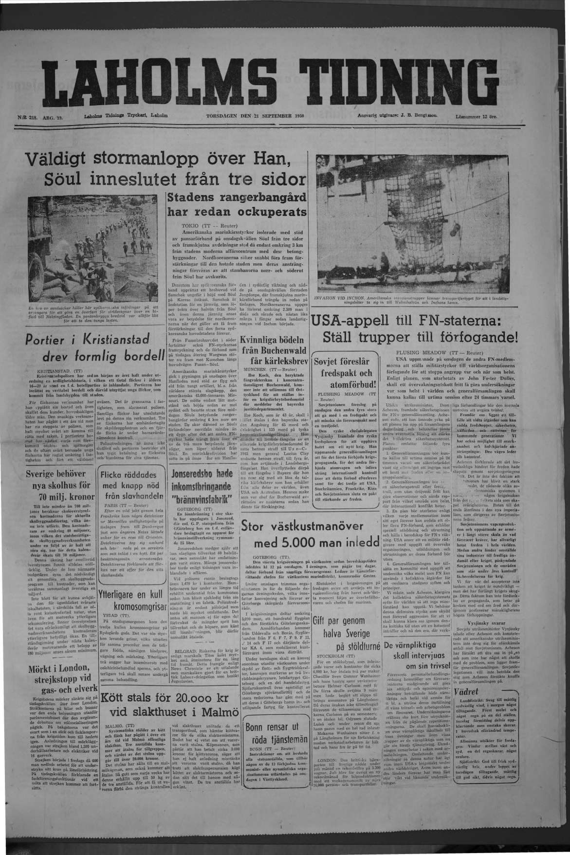 Laholms Tidning Torsdag 21 september 1950, sida 1