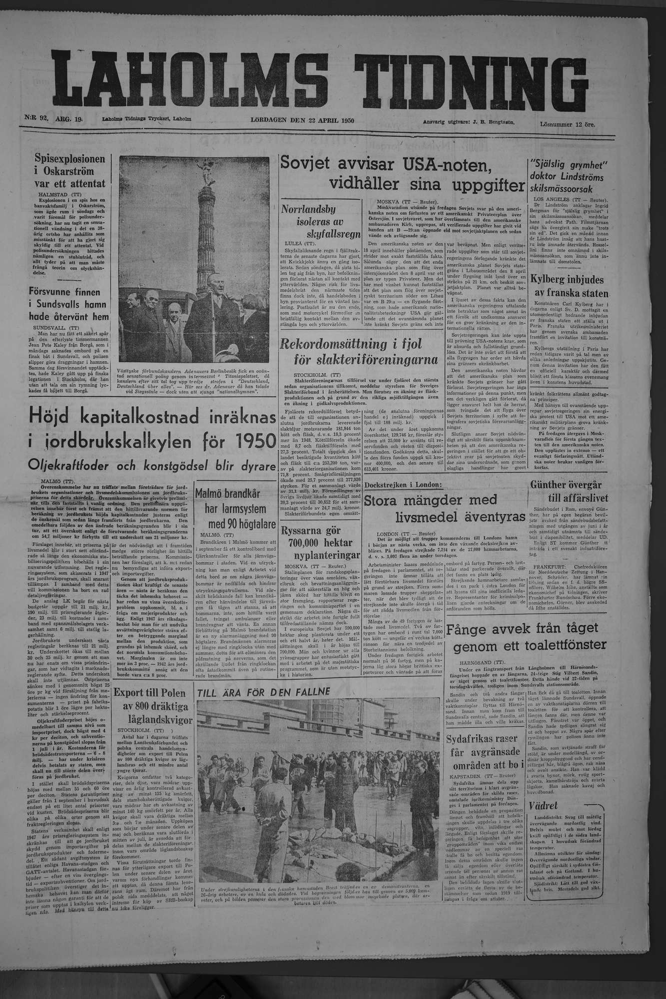 Laholms Tidning Lördag 22 april 1950, sida 1