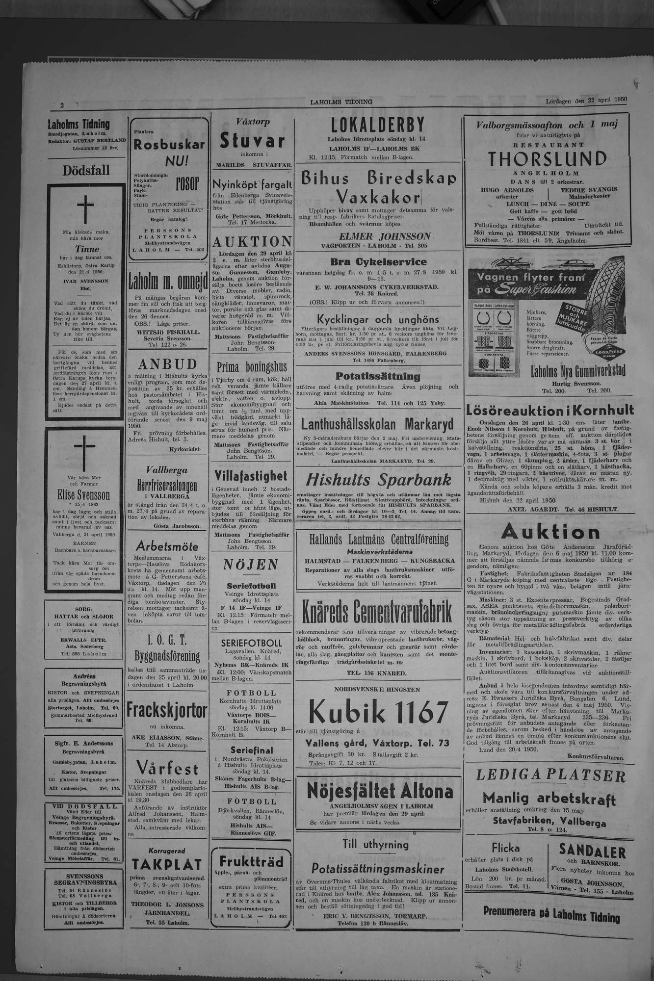 Laholms Tidning Lördag 22 april 1950, sida 2