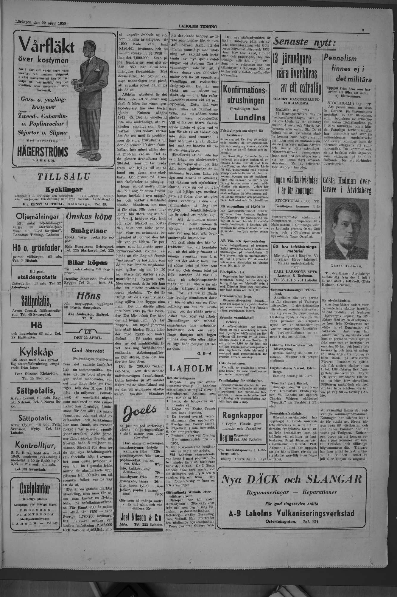 Laholms Tidning Lördag 22 april 1950, sida 3