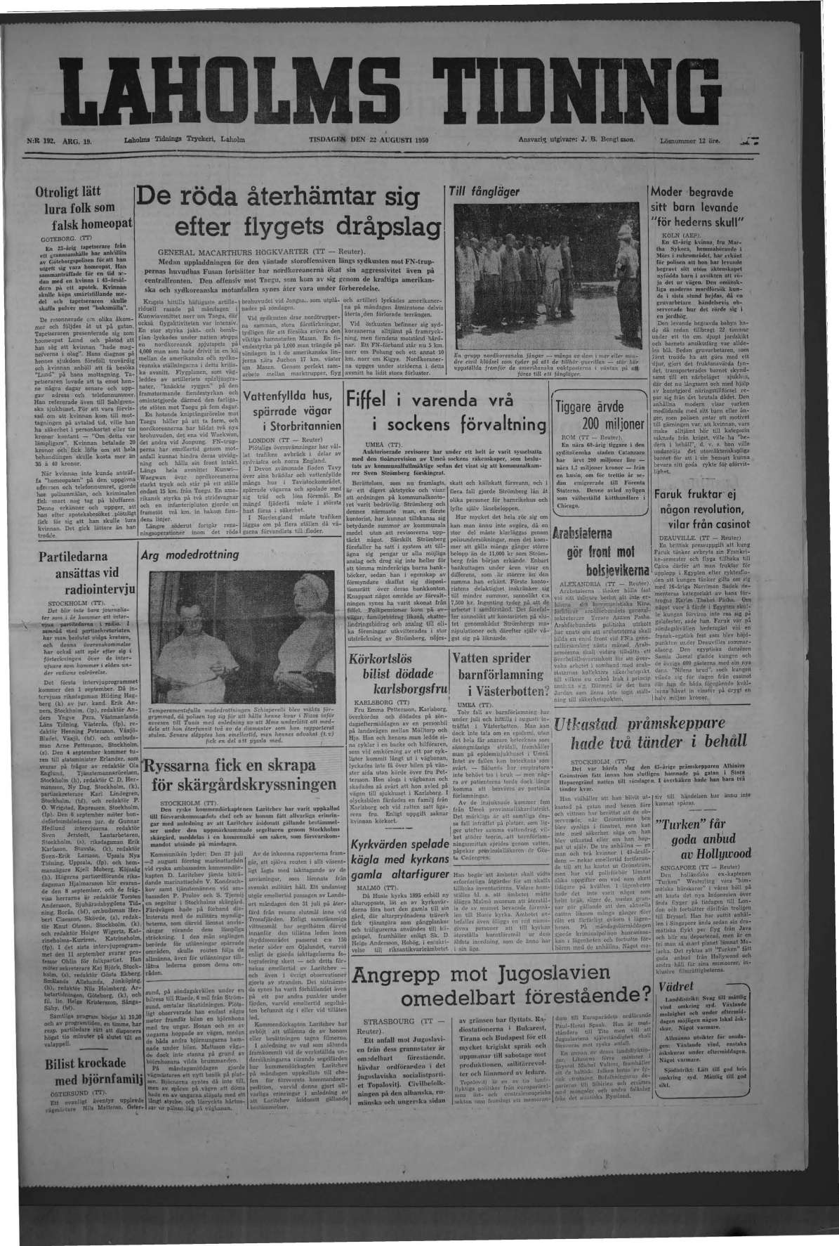 Laholms Tidning Tisdag 22 augusti 1950, sida 1