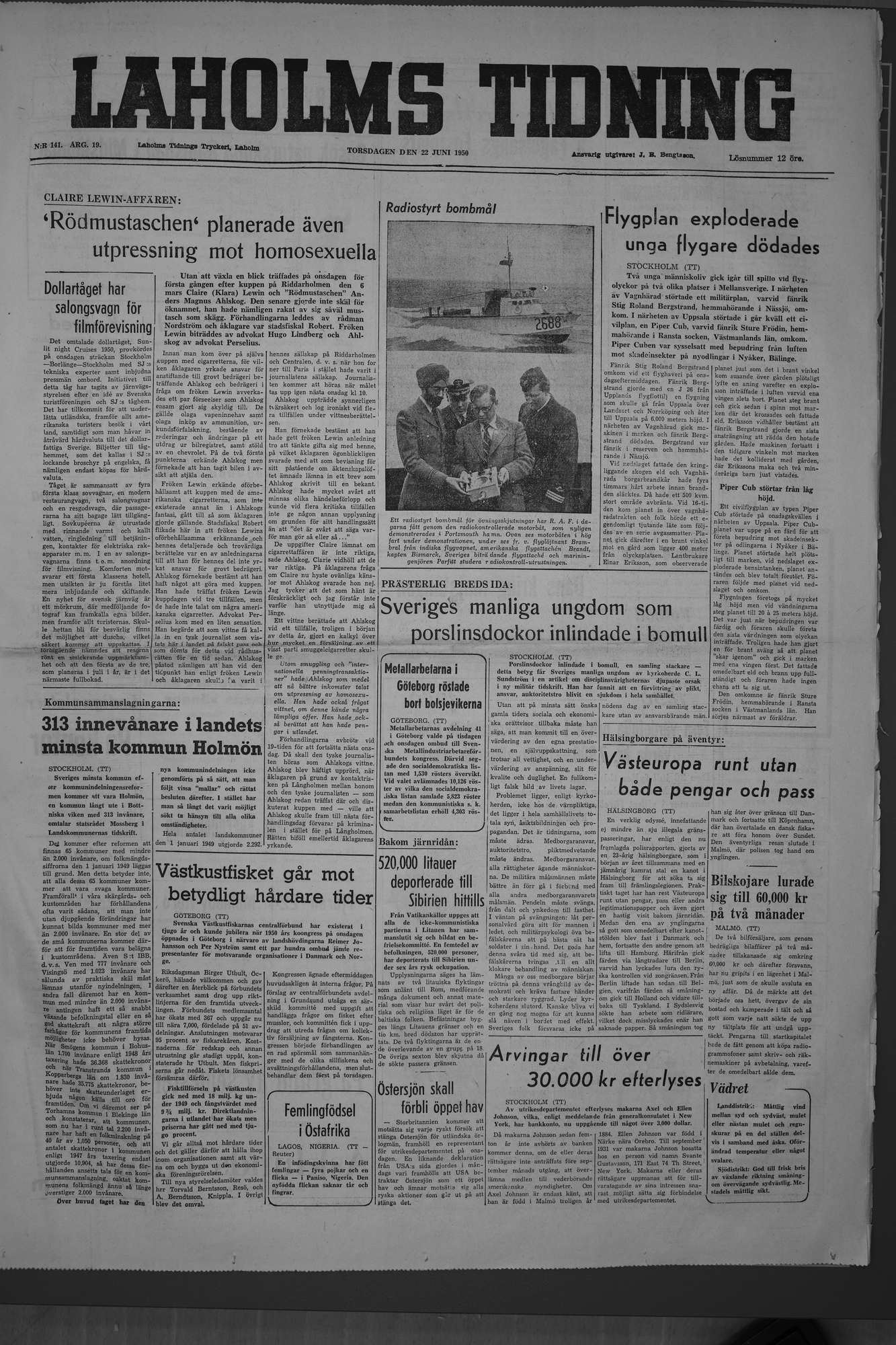 Laholms Tidning Torsdag 22 juni 1950, sida 1