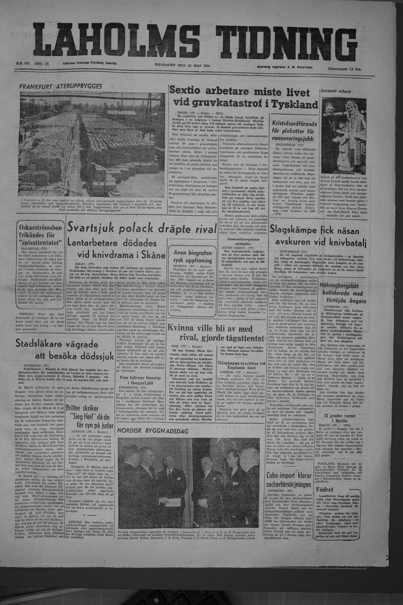 Laholms Tidning Måndag 22 maj 1950, sida 1