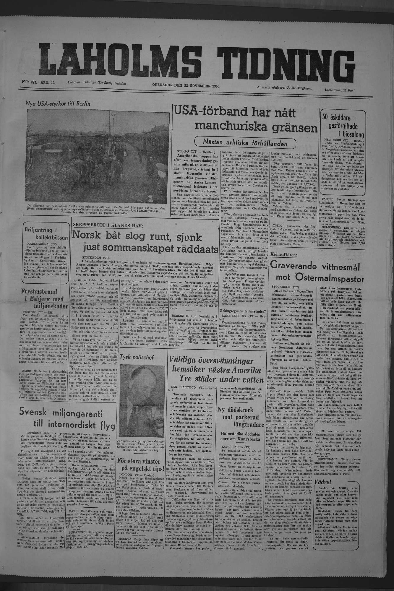 Laholms Tidning Onsdag 22 november 1950, sida 1