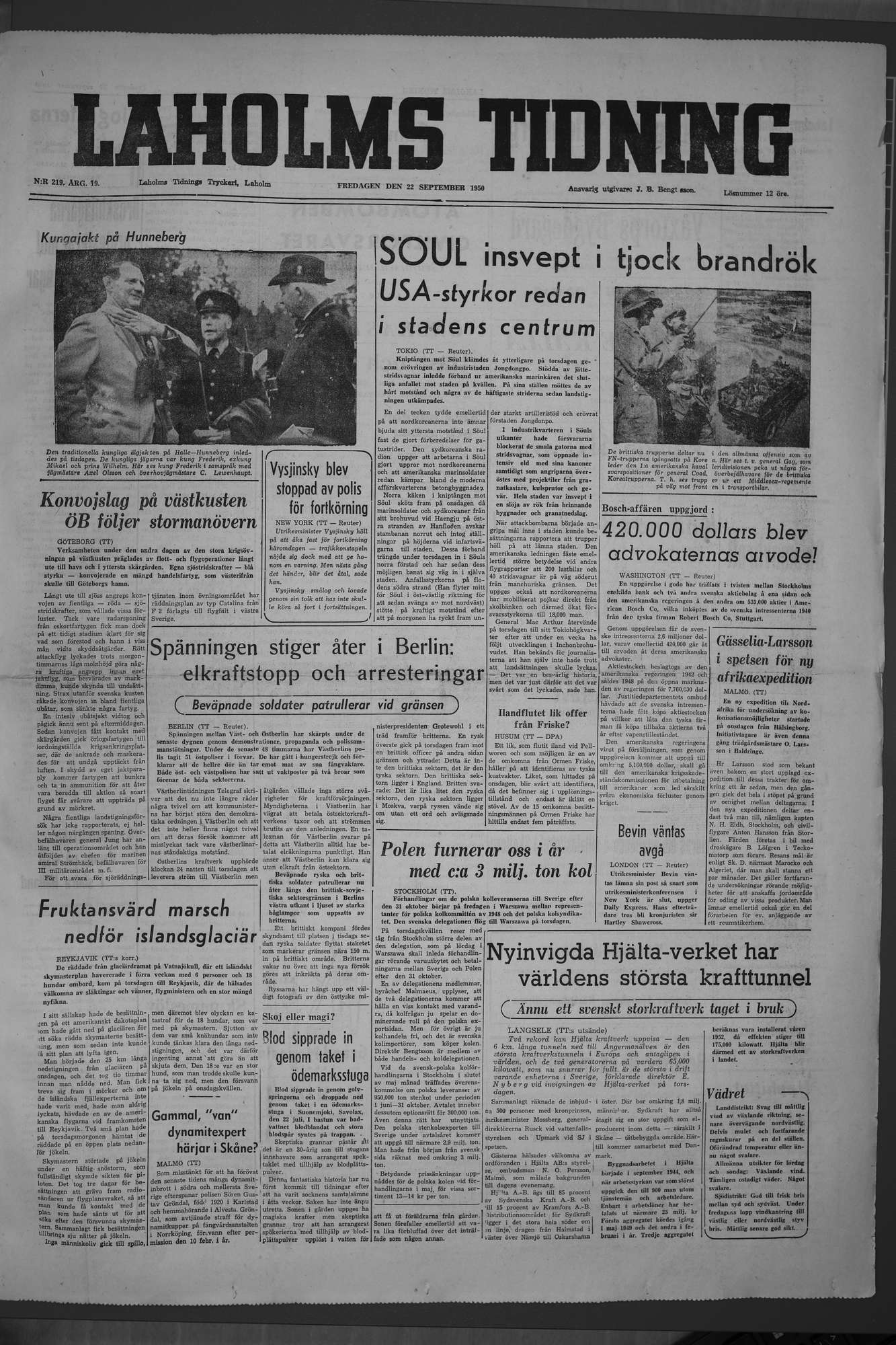 Laholms Tidning Fredag 22 september 1950, sida 1