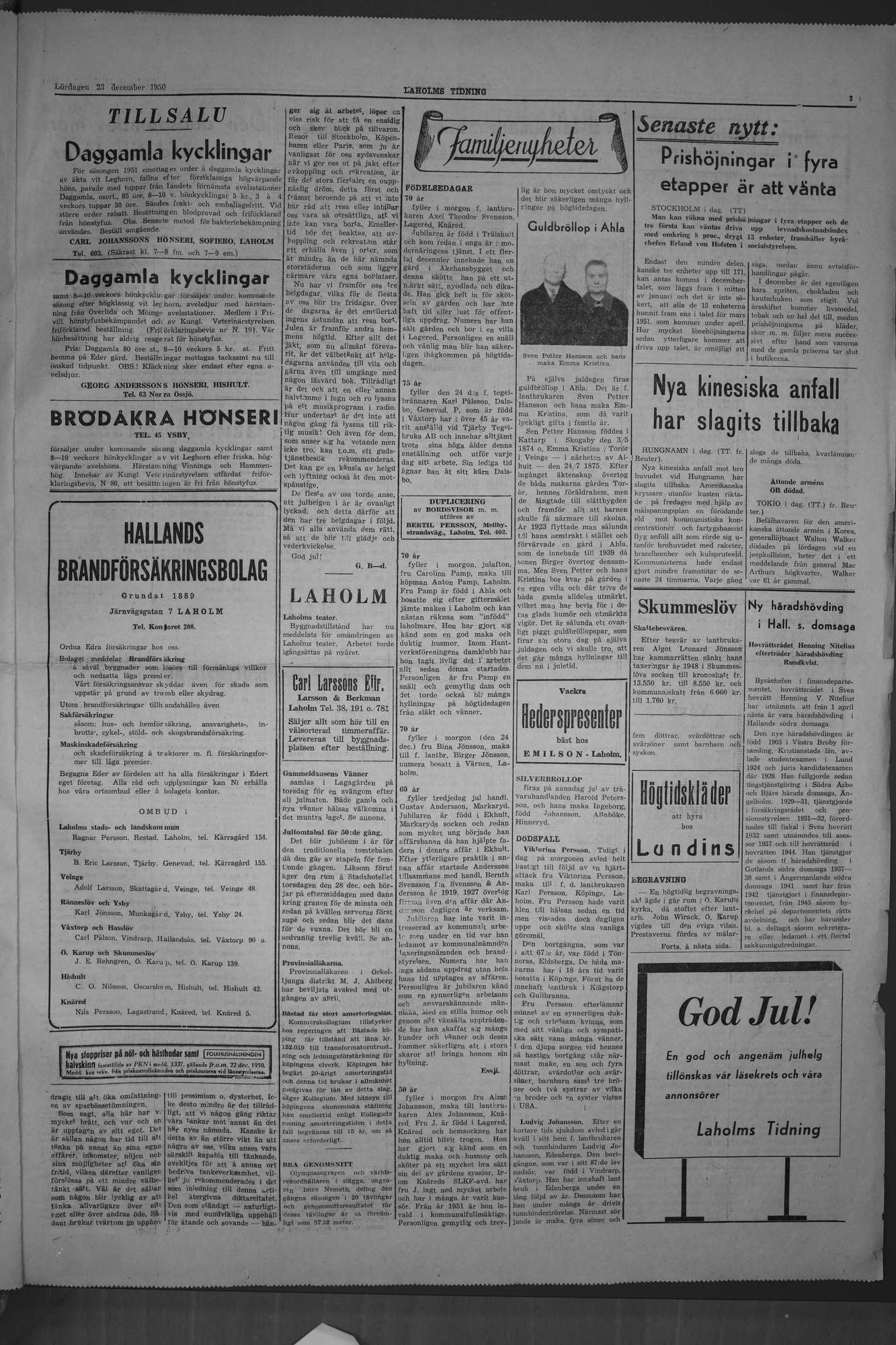 Laholms Tidning Lördag 23 december 1950, sida 3